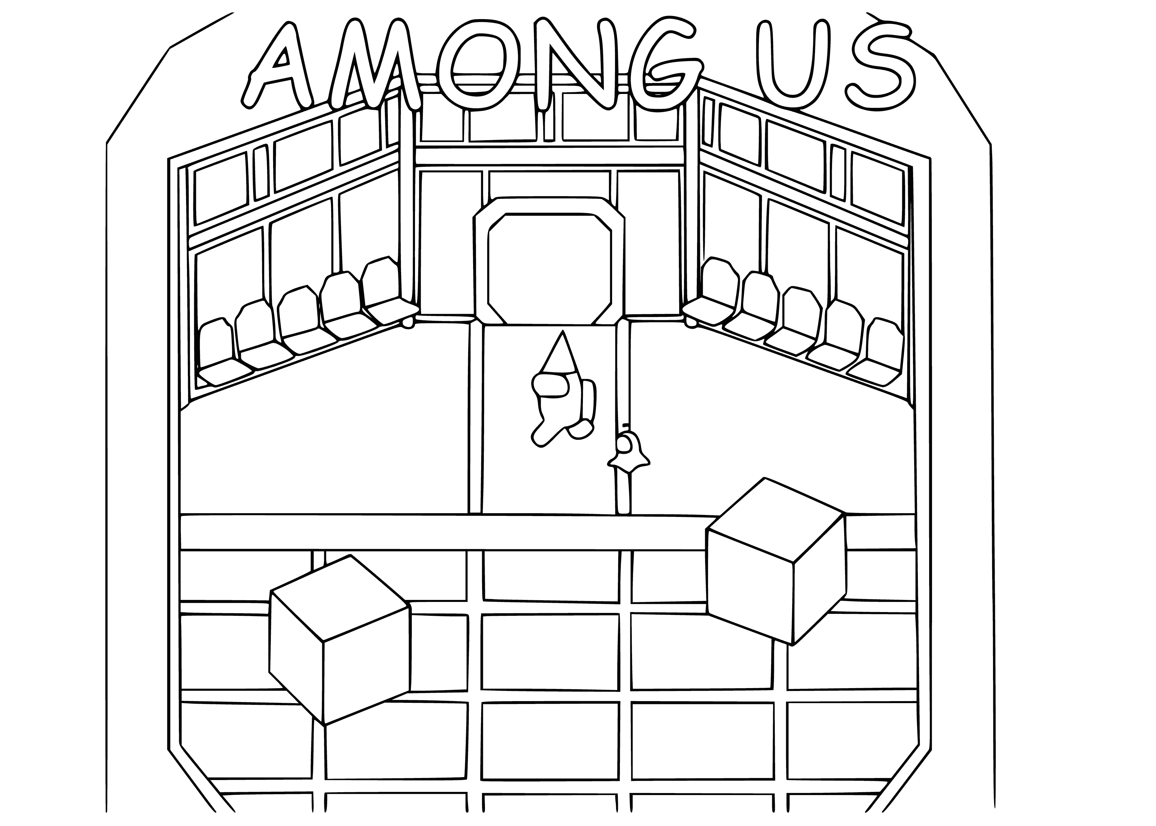 coloring page: Nine gather round table, 8 pink & 1 purple. Light & cake in middle; purple letters spell "amon gAs".