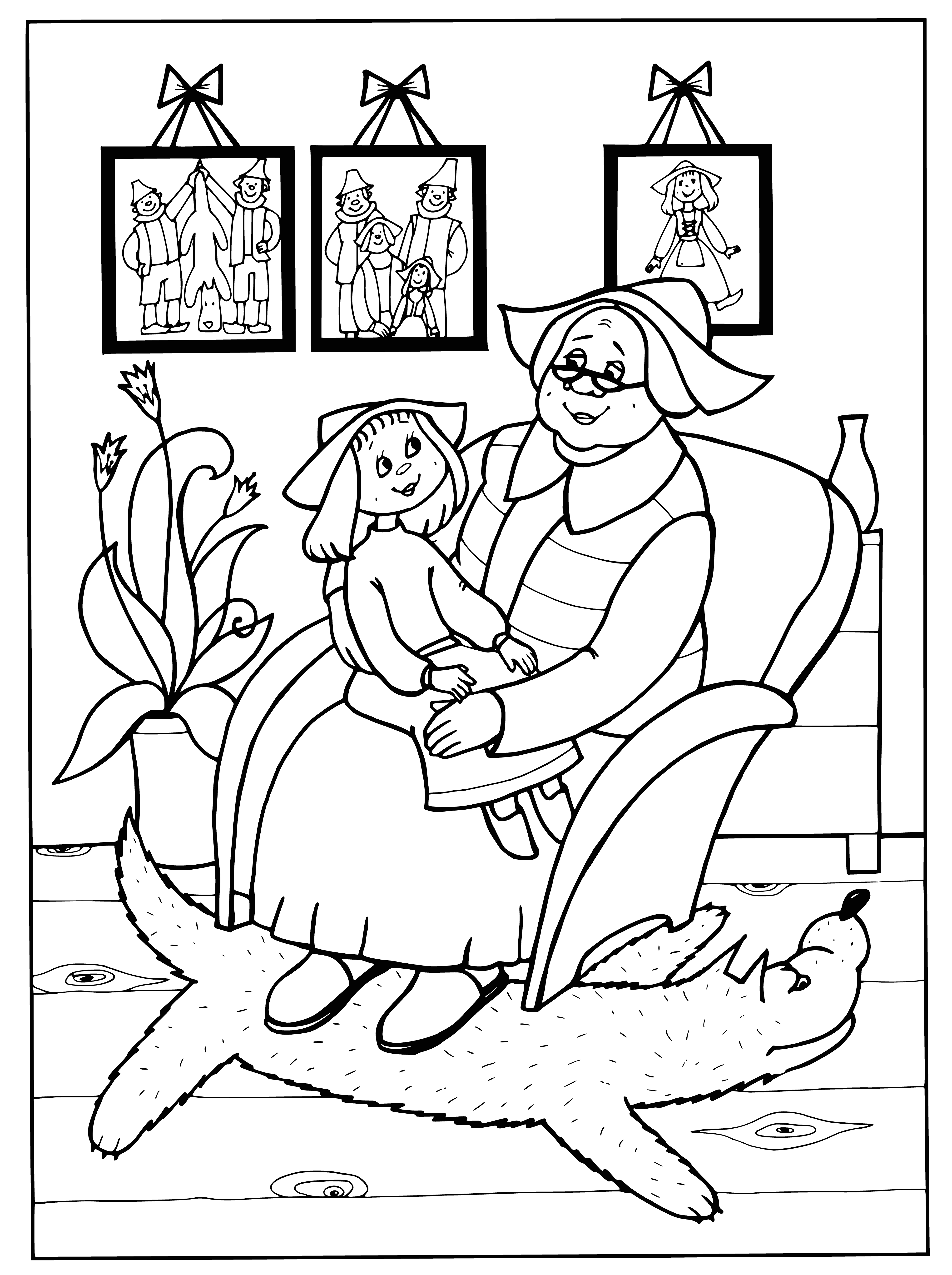coloring page: Young girl tells animals a story in a peaceful field, creating warm, content atmosphere. Animals seem interested & happy.
