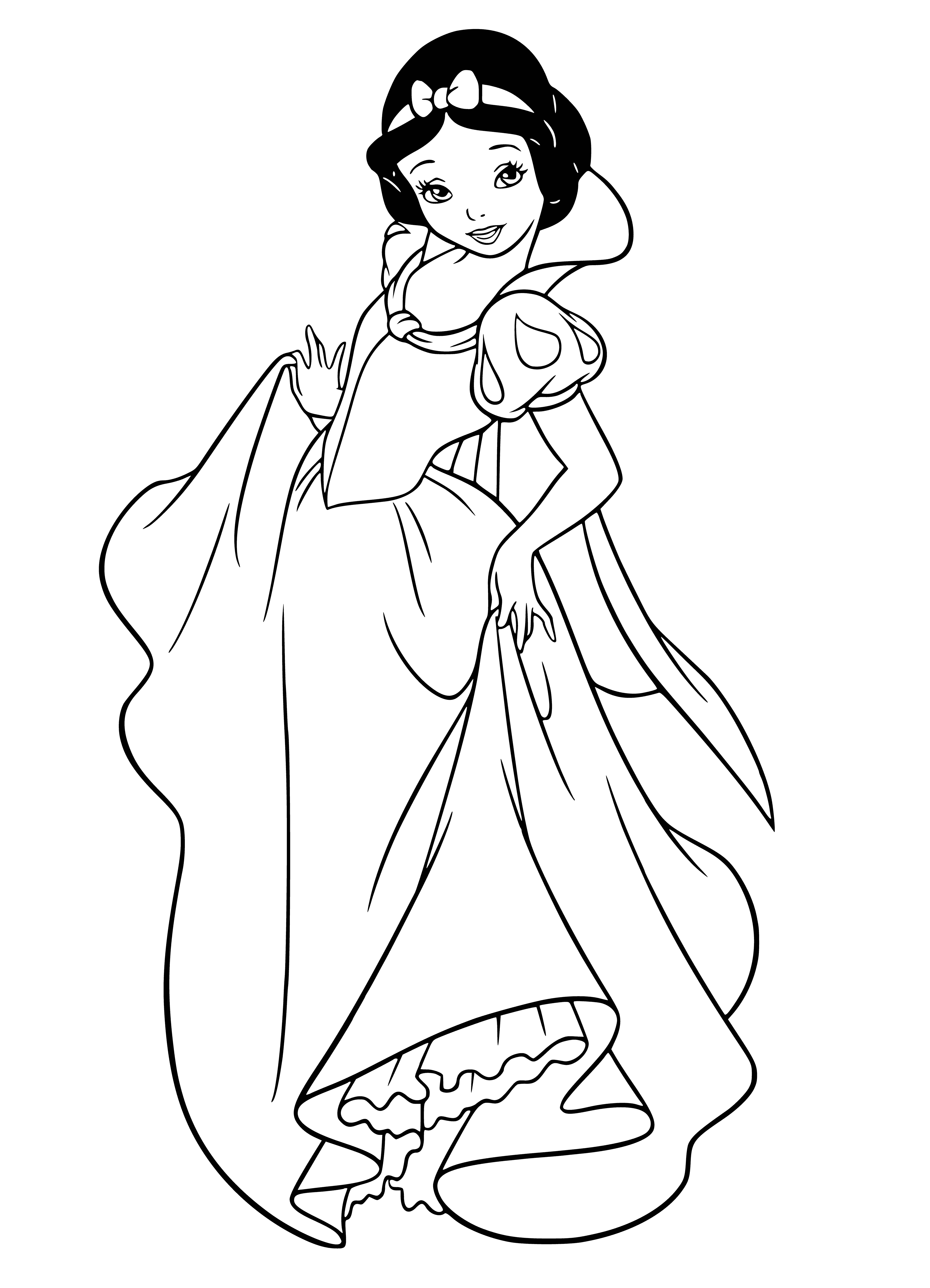 coloring page: Snow White dances gracefully in the center of a cozy cabin, surrounded by seven smiling dwarfs. Fire crackles in the fireplace, and there are homey touches such as braided rugs and comfortable chairs.