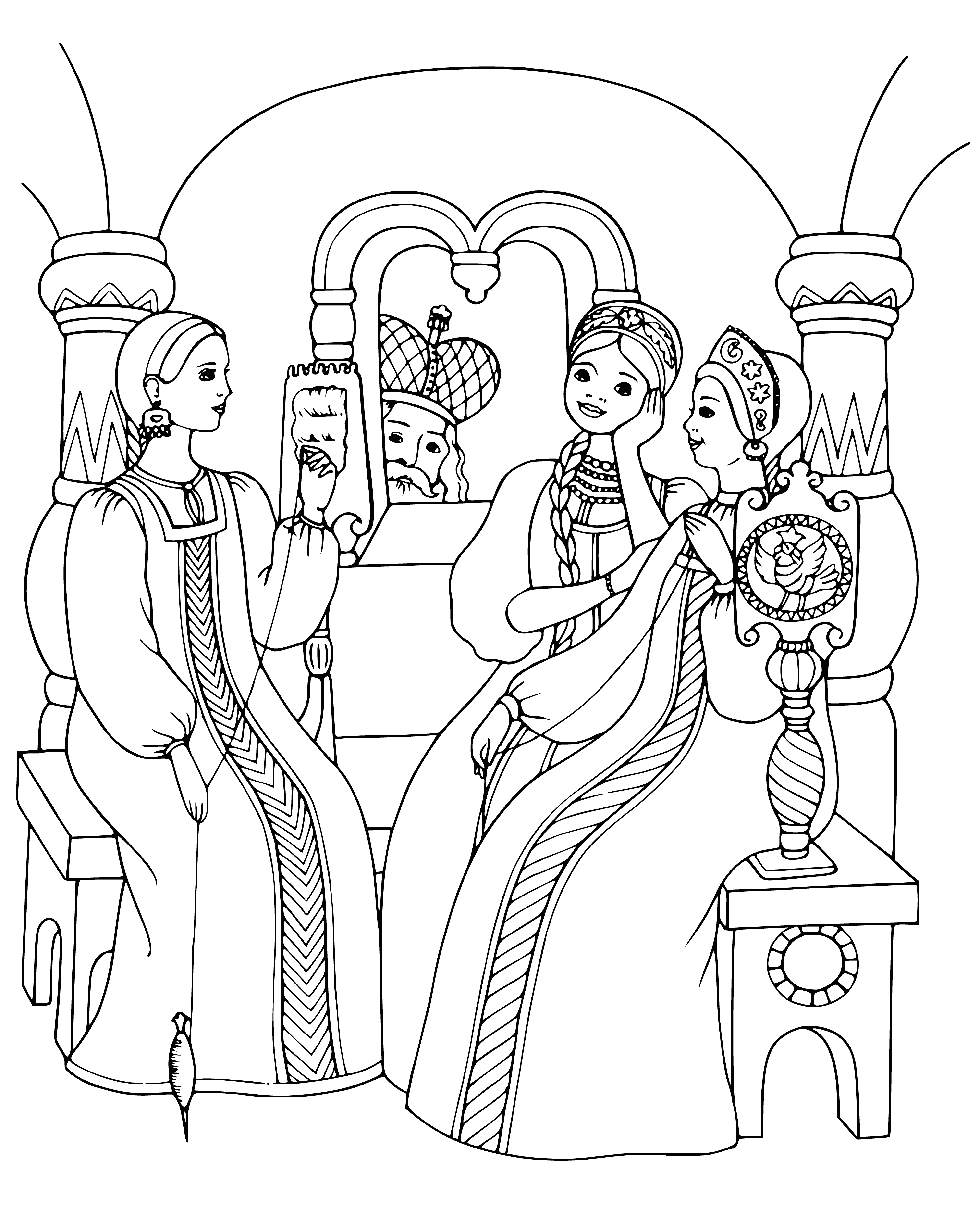 coloring page: 3 maidens in white elegant dresses looking out window, 1 w/ gentle expression, gazing into her lap.