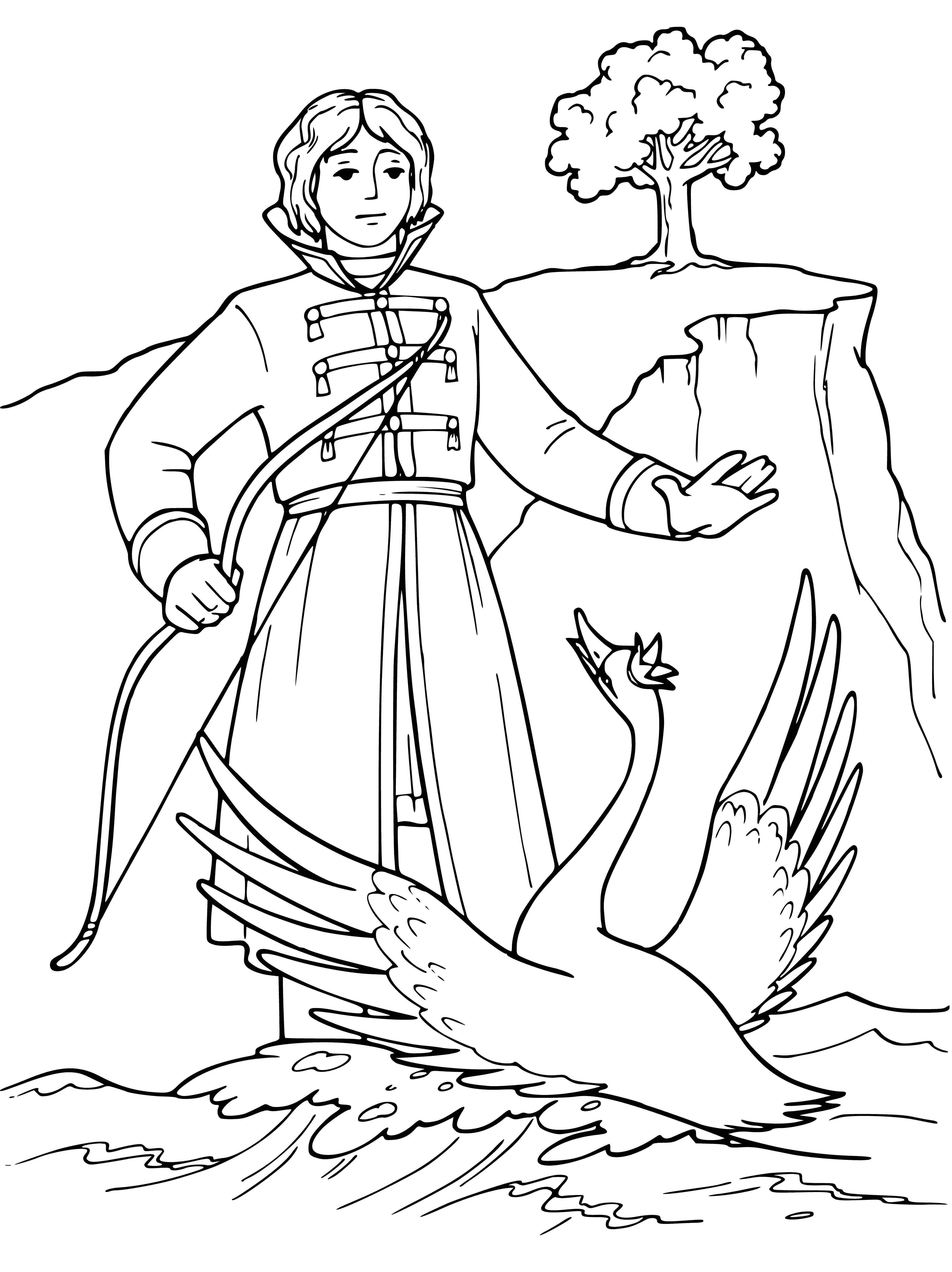 coloring page: Man on horseback rides into water to save struggling swan, surrounded by soldiers and watched by group of people on shore.