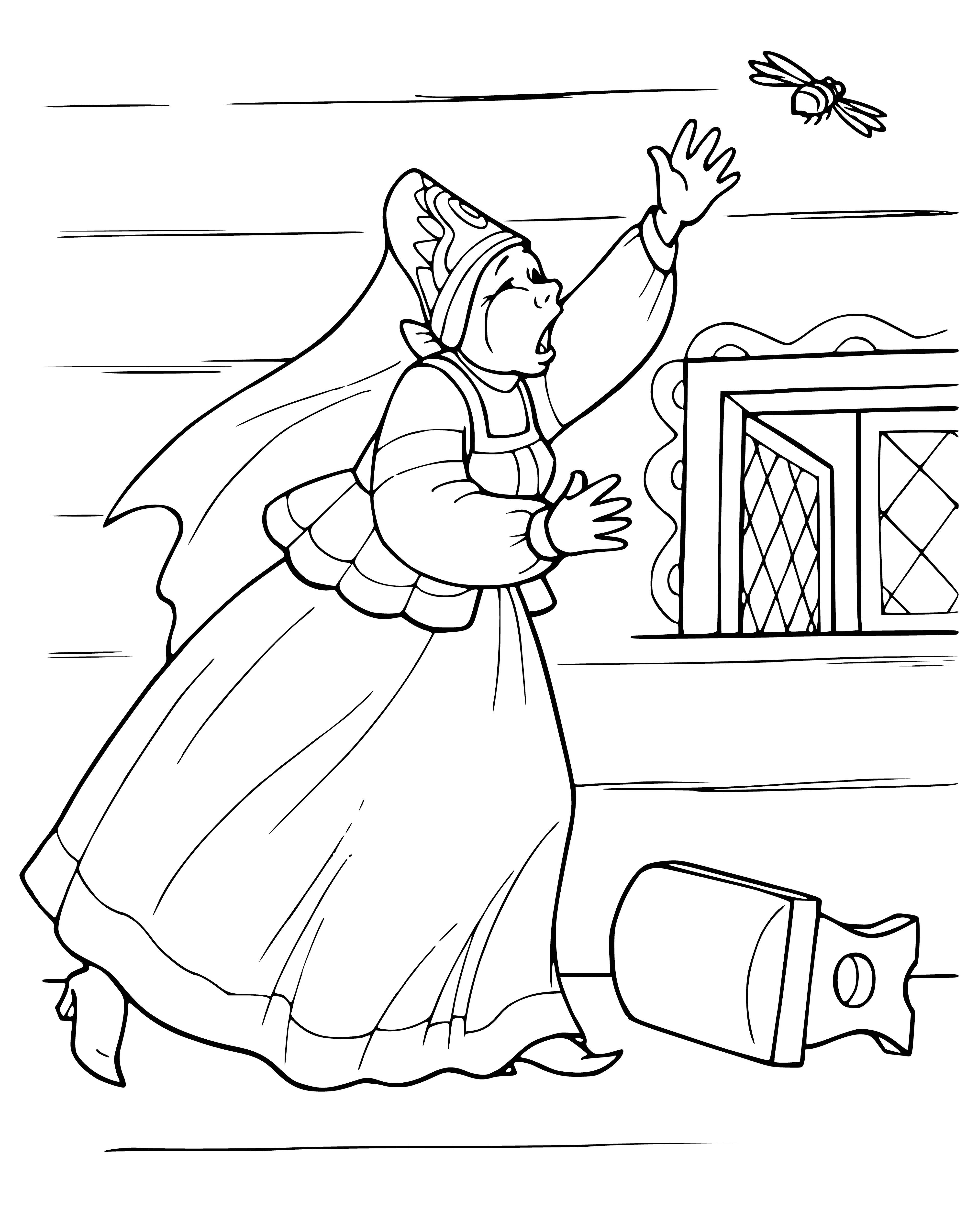 coloring page: Coloring page has a bowl of soup, plate of bread, spoon, knife, stove & window in the background.