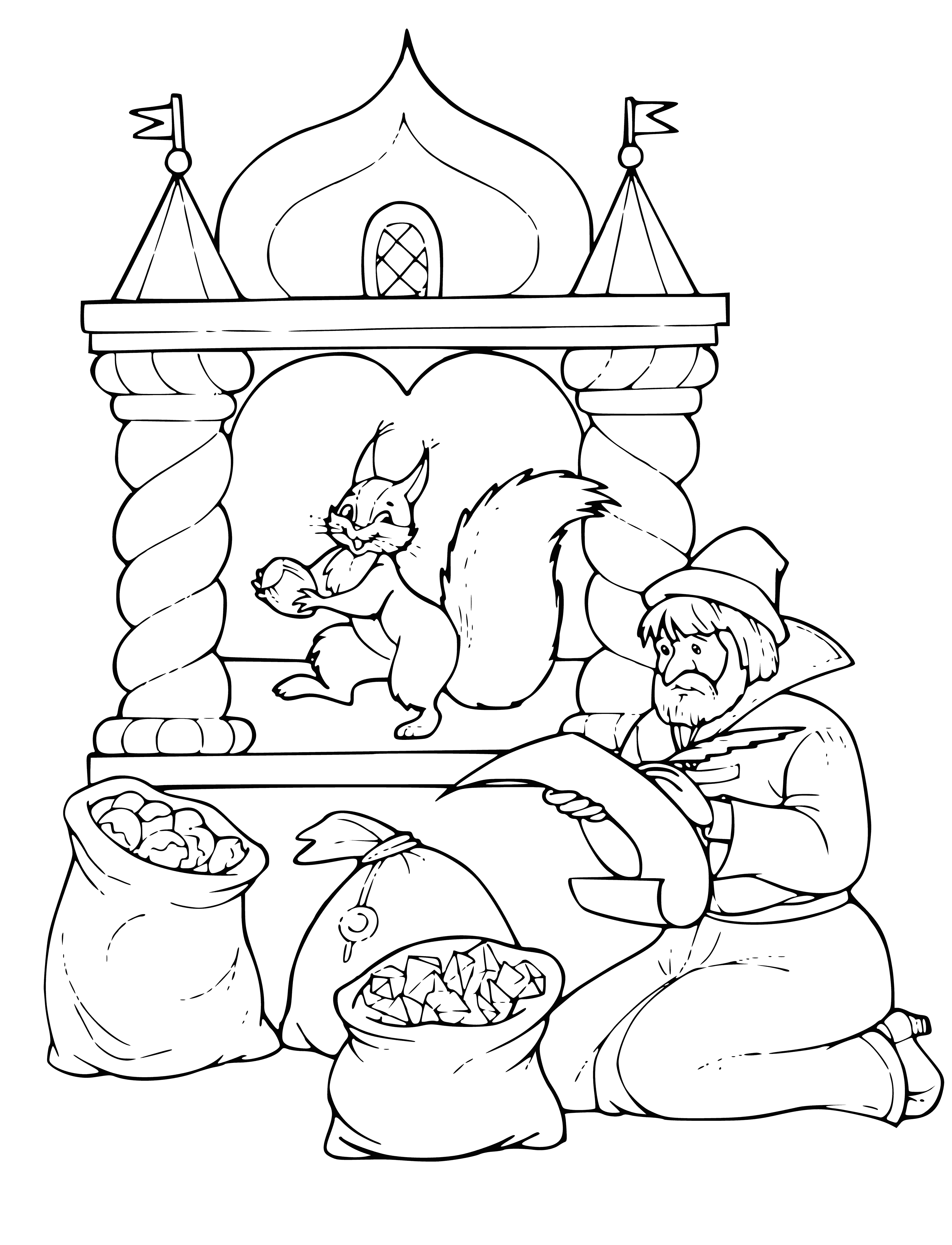 coloring page: Squirrel peers through glass door at a bowl of nuts, paws pressed against it - story of Pushkin's "Squirrel in a Crystal House".