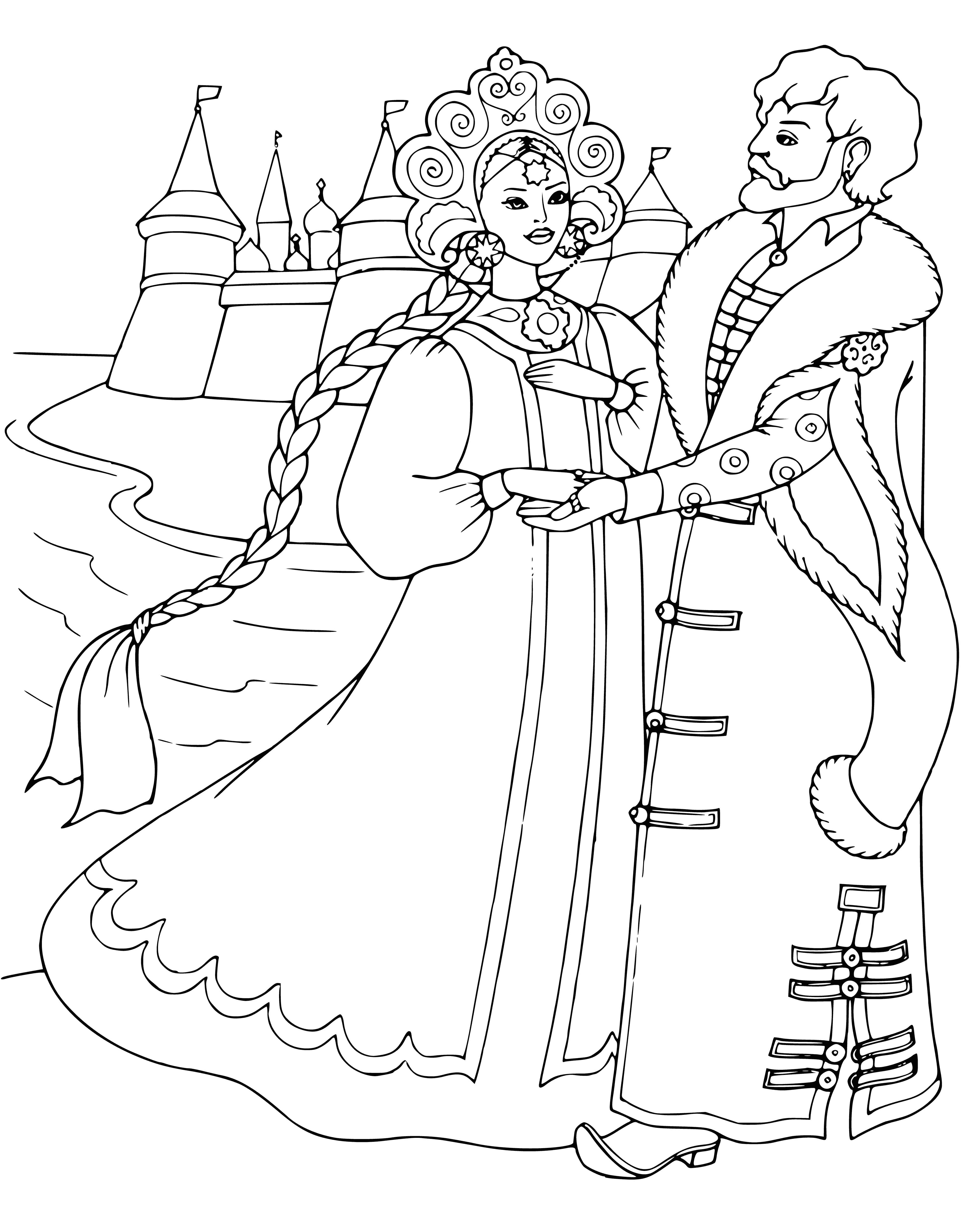 coloring page: Prince kneels before Swan Princess, embracing her neck and face buried in feathers. She looks down upon him gently, castle seen in the distance.
