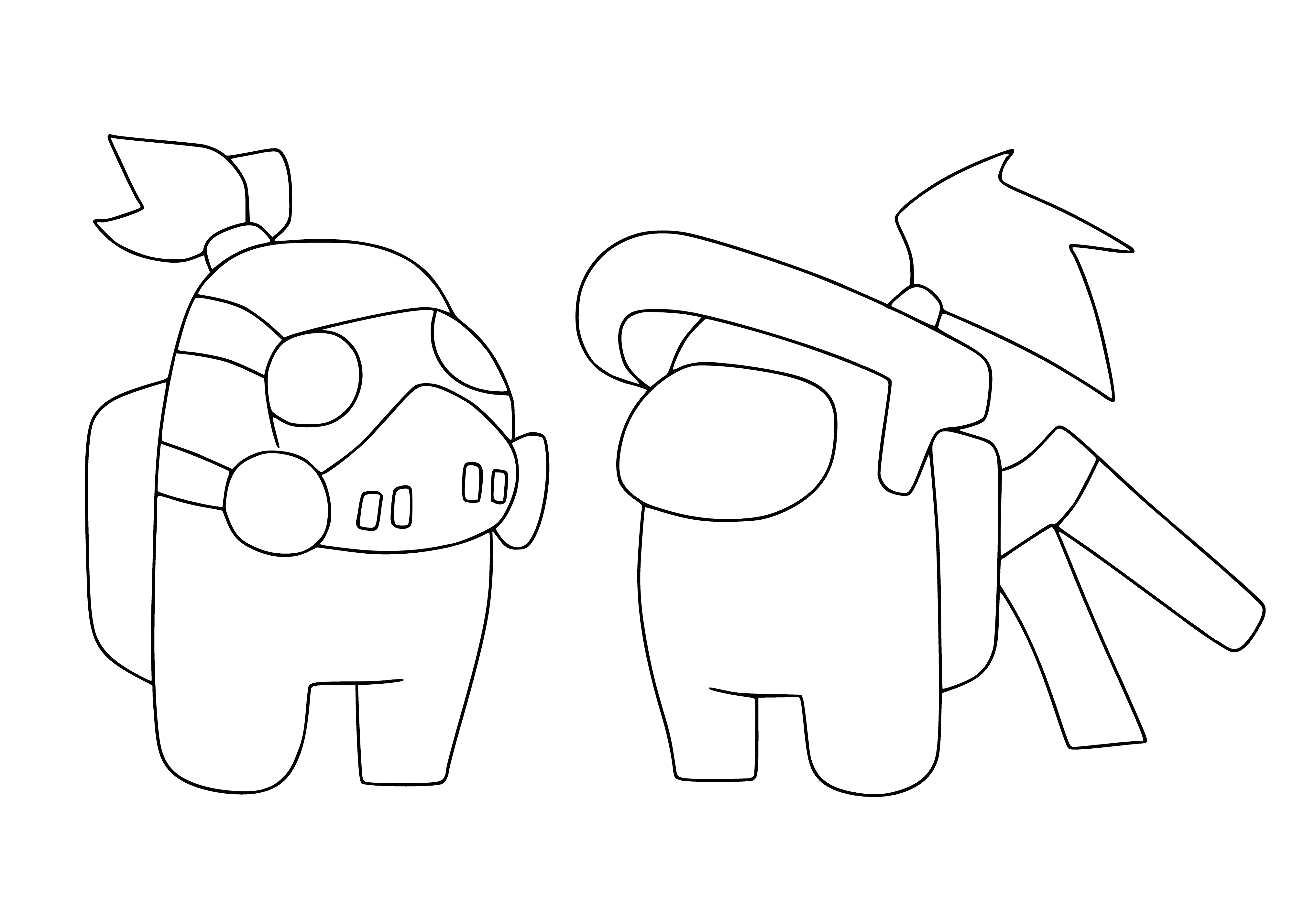 coloring page: Two Among Us characters in spacesuits in a white-walled room - one standing on a stool and one on the floor. Both wearing helmets and gloves.