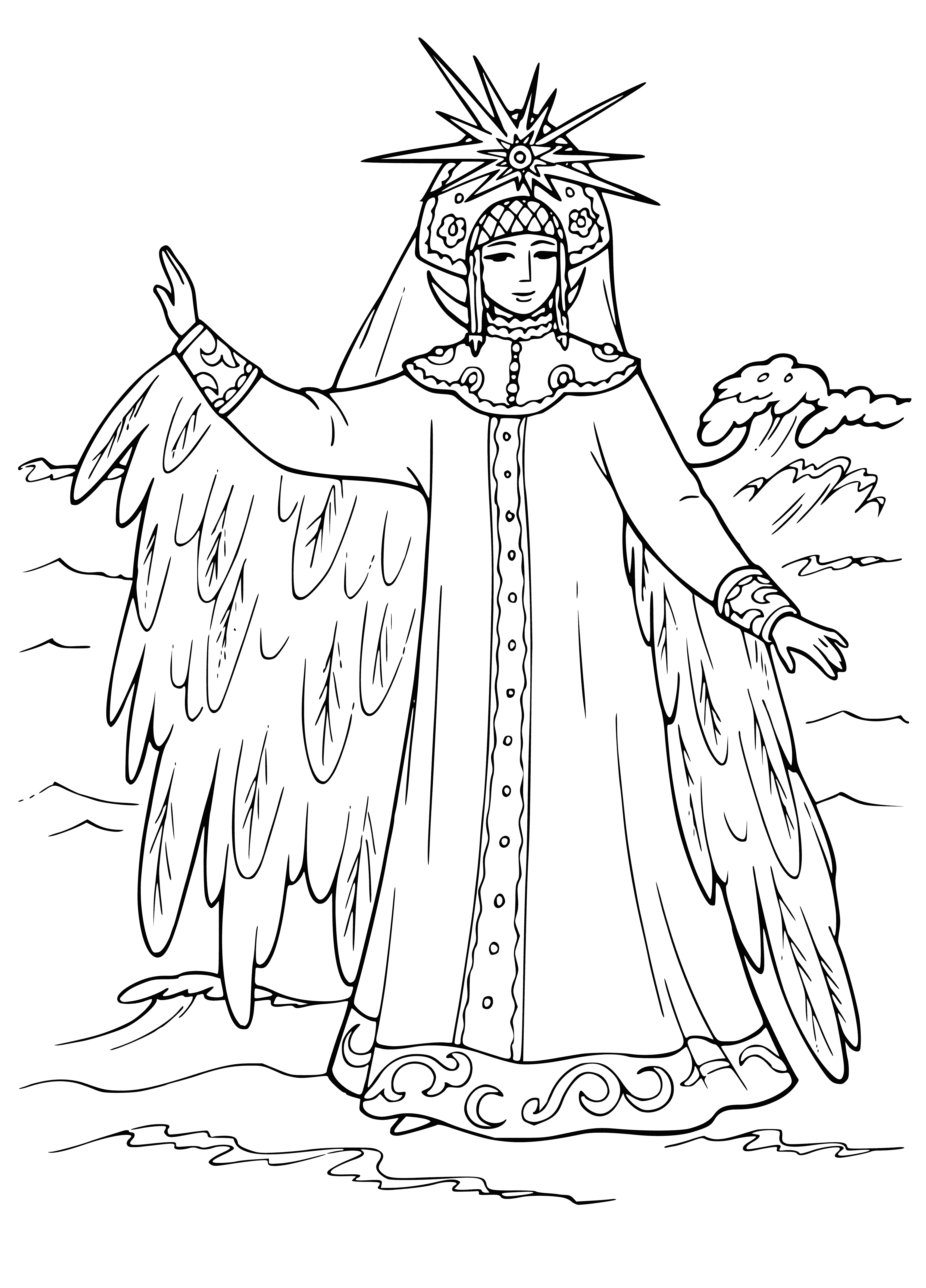 coloring page: The Swan Princess stands in a dreamy pose on the lake shore, wearing a beautiful white dress adorned with blue flowers.