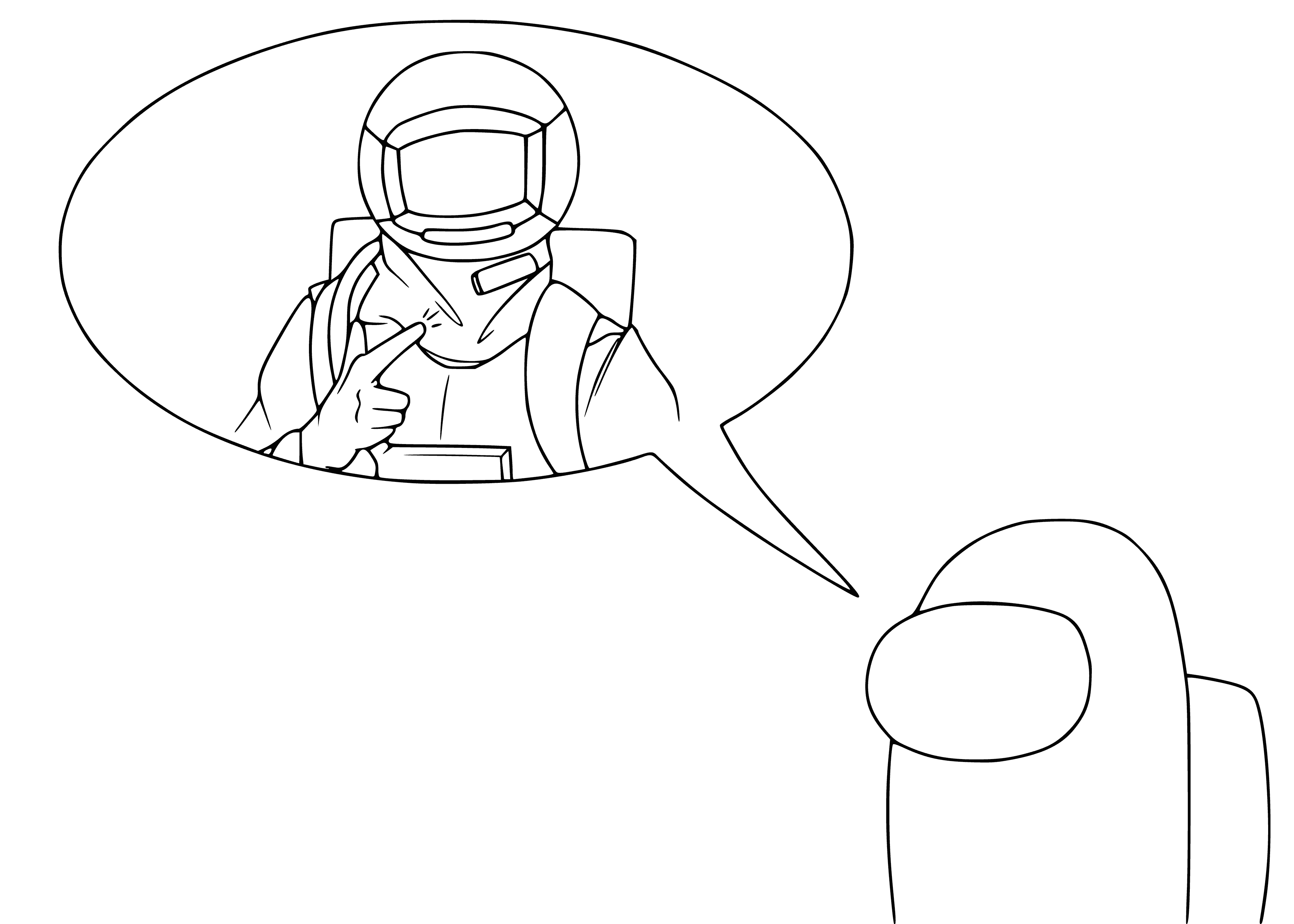 coloring page: Four among us characters float in zero gravity, surrounded by a mysterious outer space backdrop.