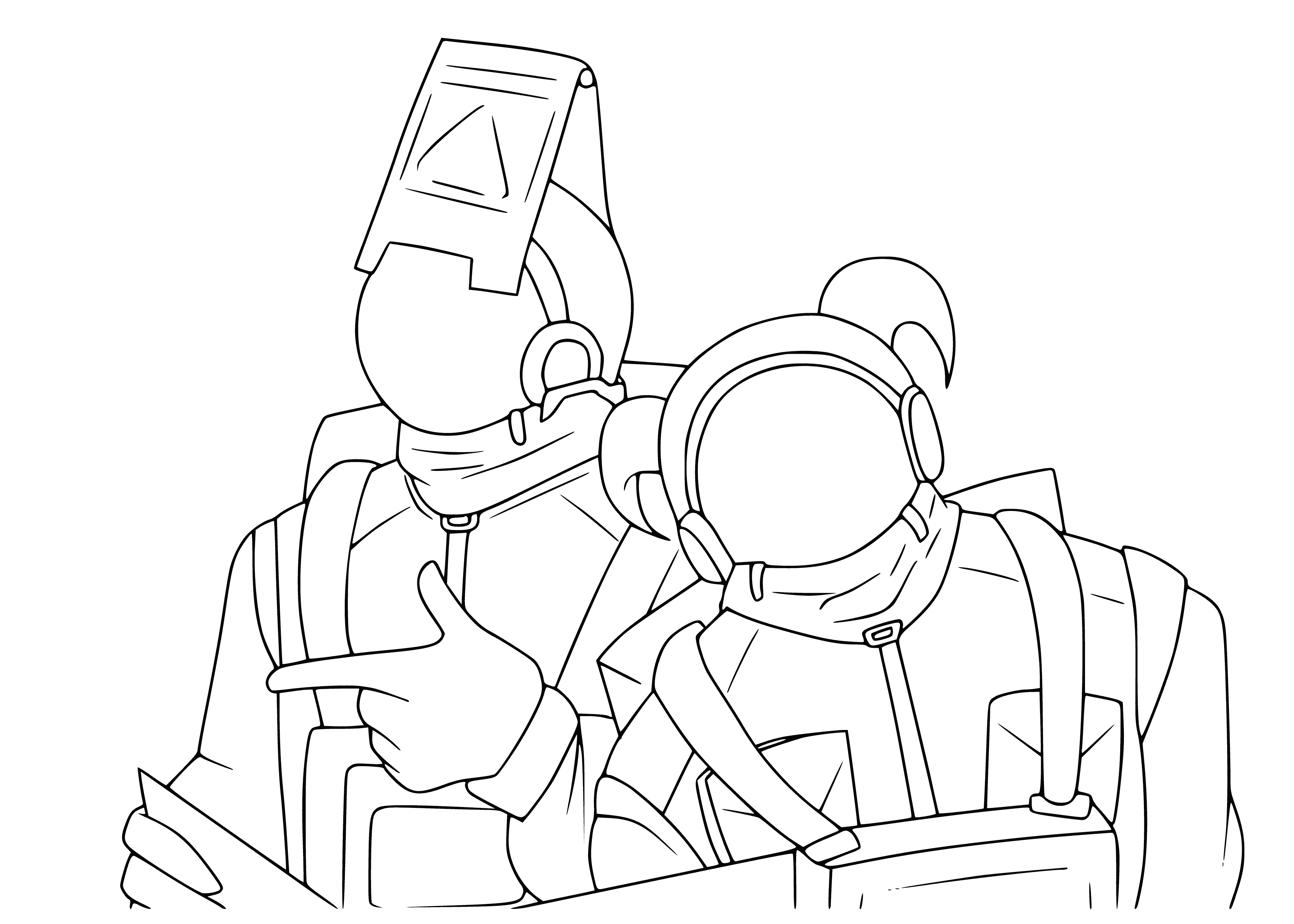 coloring page: Figures in room holding tools: one shorter, helmeted w/ green visor.