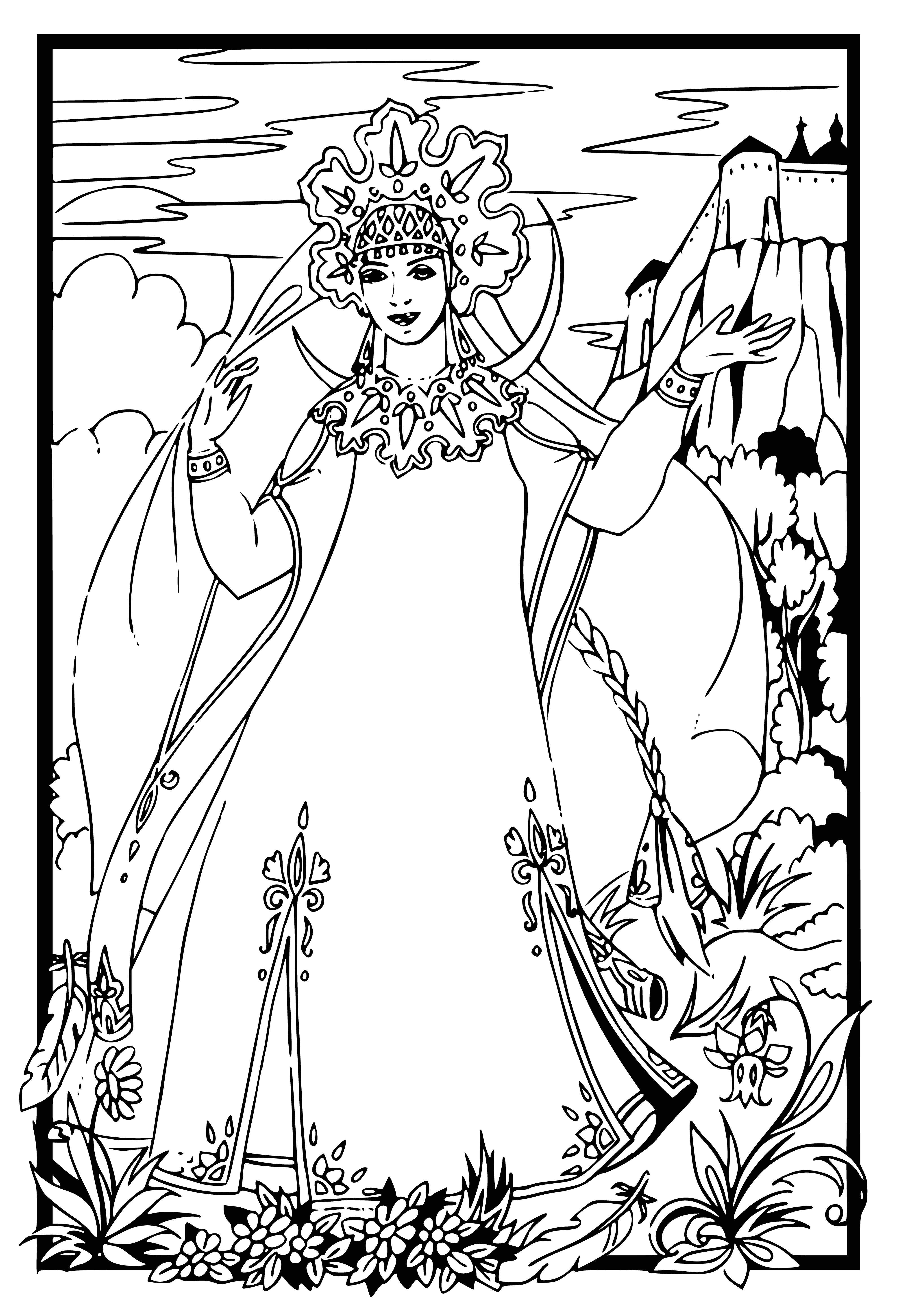 coloring page: Young woman in white dress with blue scarf, blonde hair, blue eyes on riverbank with swan.