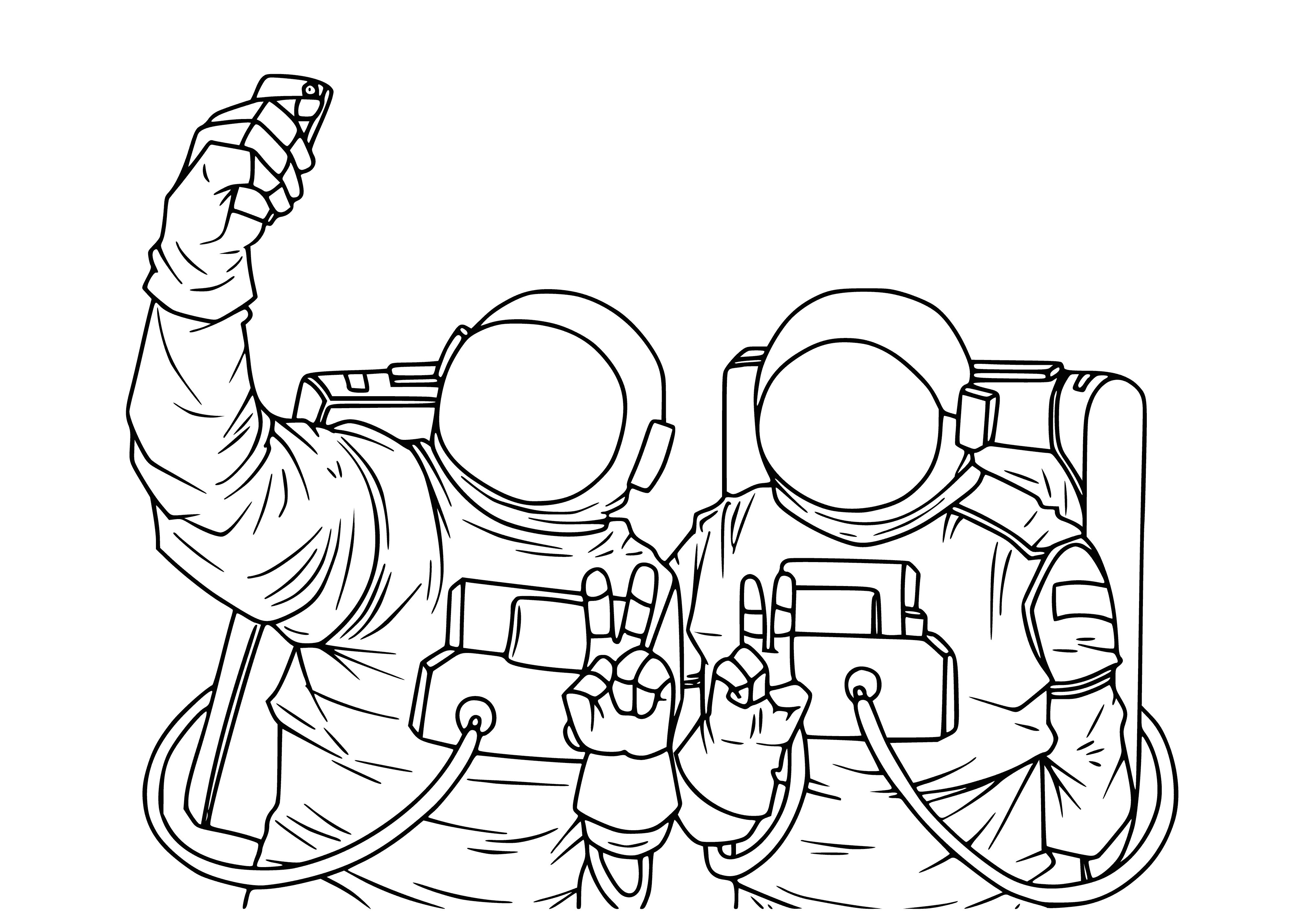 coloring page: Two figures meet at a rock; one's back turned, one faces it. Wearing black hats with white puffs, they stand on a thin, white line.