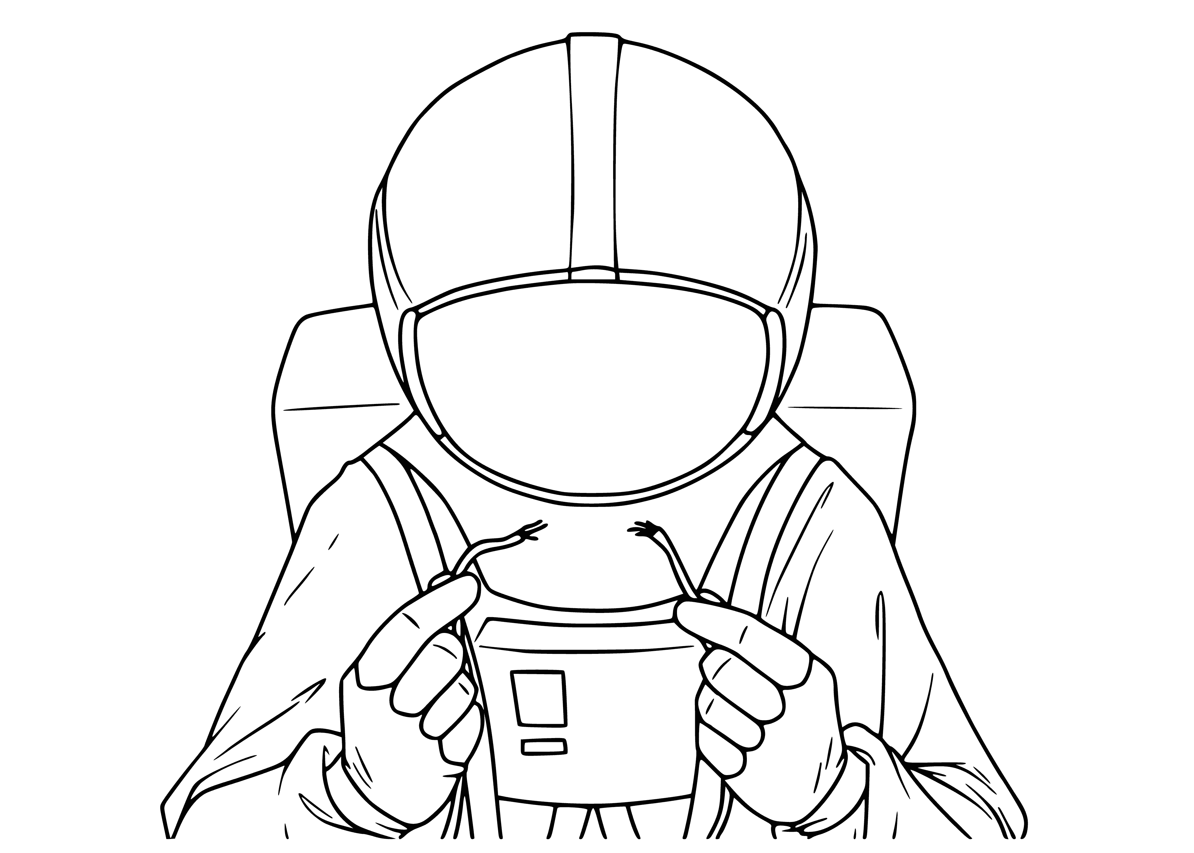 coloring page: Blonde woman in blue looking at a book in a large open room with a long table and several chairs. Two men in green and red shirts looking at her, one with a cup of coffee.