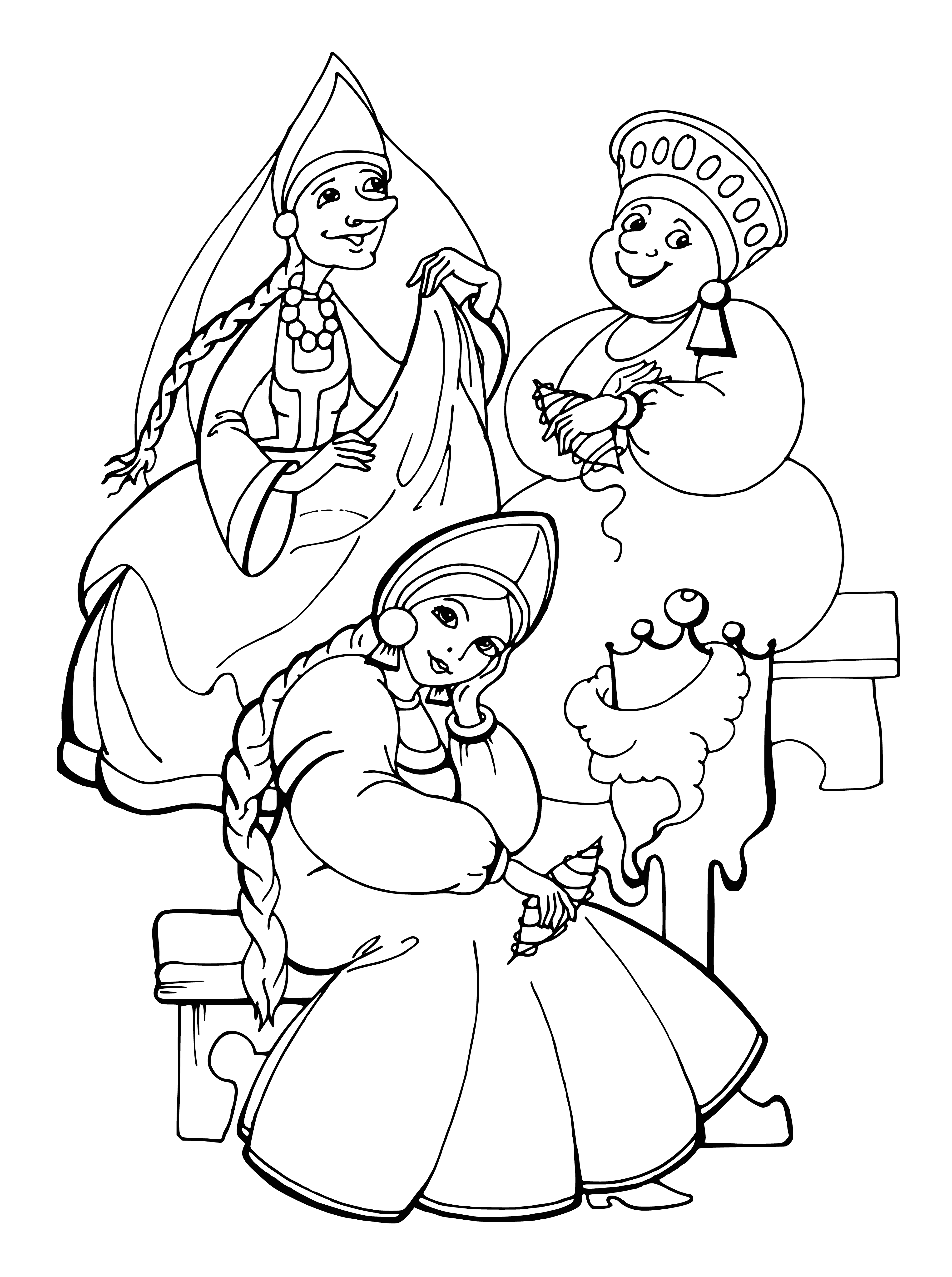 coloring page: 3 sisters: serious, gentle, playful expressions. White & pink dresses, ranging from tight to loose hair.