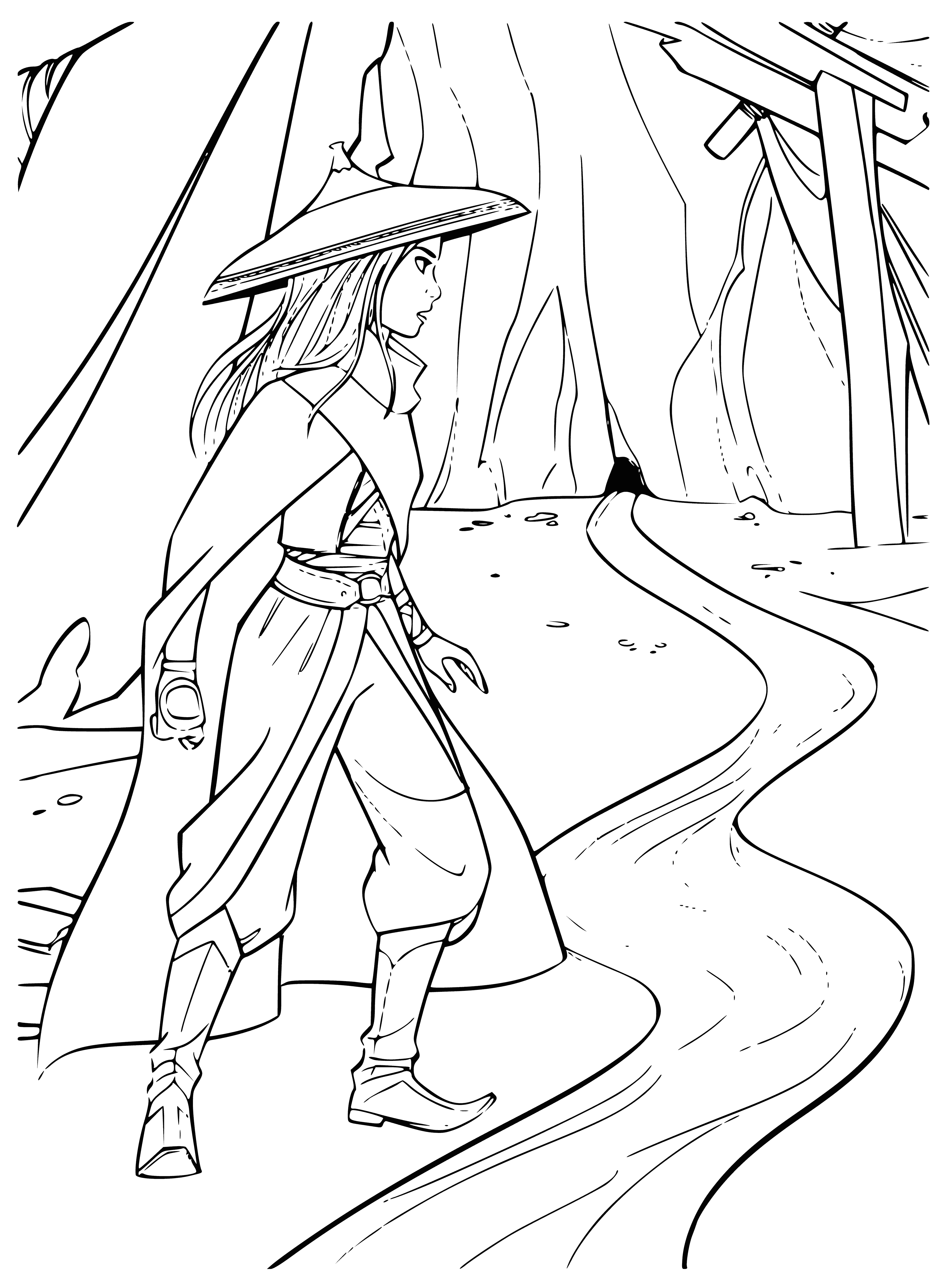 coloring page: A paradisiacal scene at a river with foliage, waterfall, beach, bridge & mountains - in the distance.