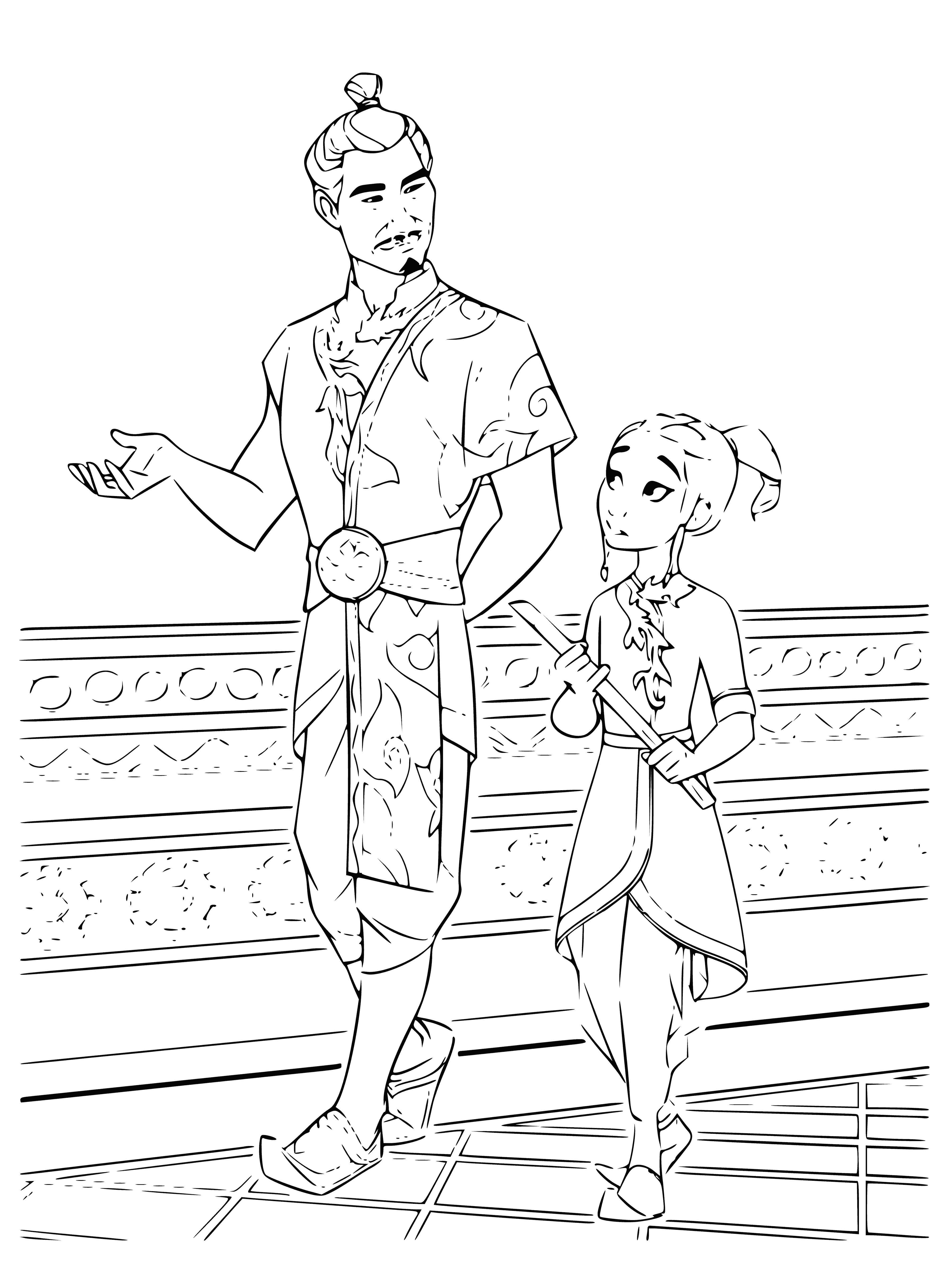 coloring page: Raya and her dad stand happy and excited in front of a glowing green dragon.