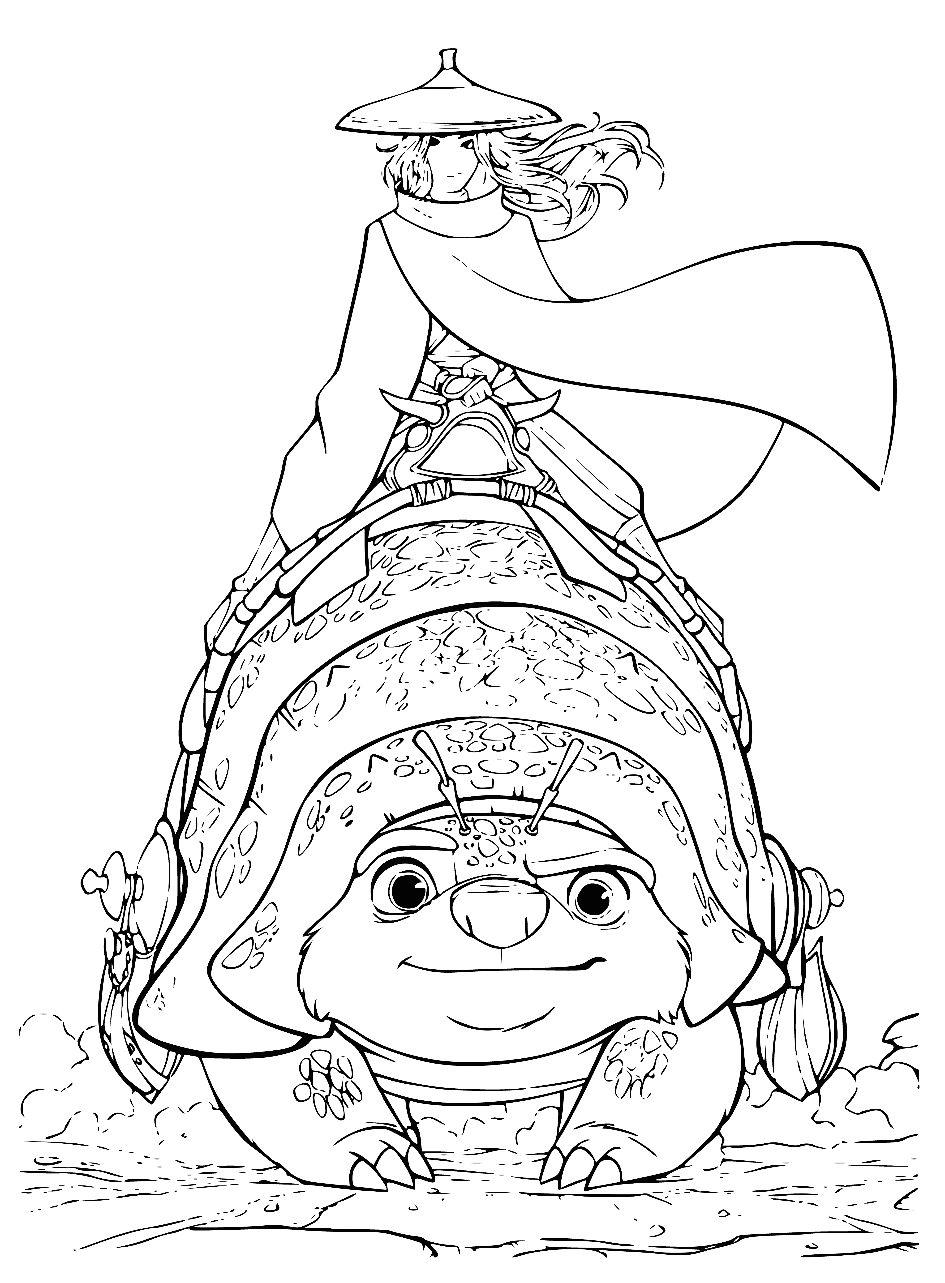 coloring page: Raya and Tuk Tuk face off against a giant dragon, ready to fight with a spear in hand.