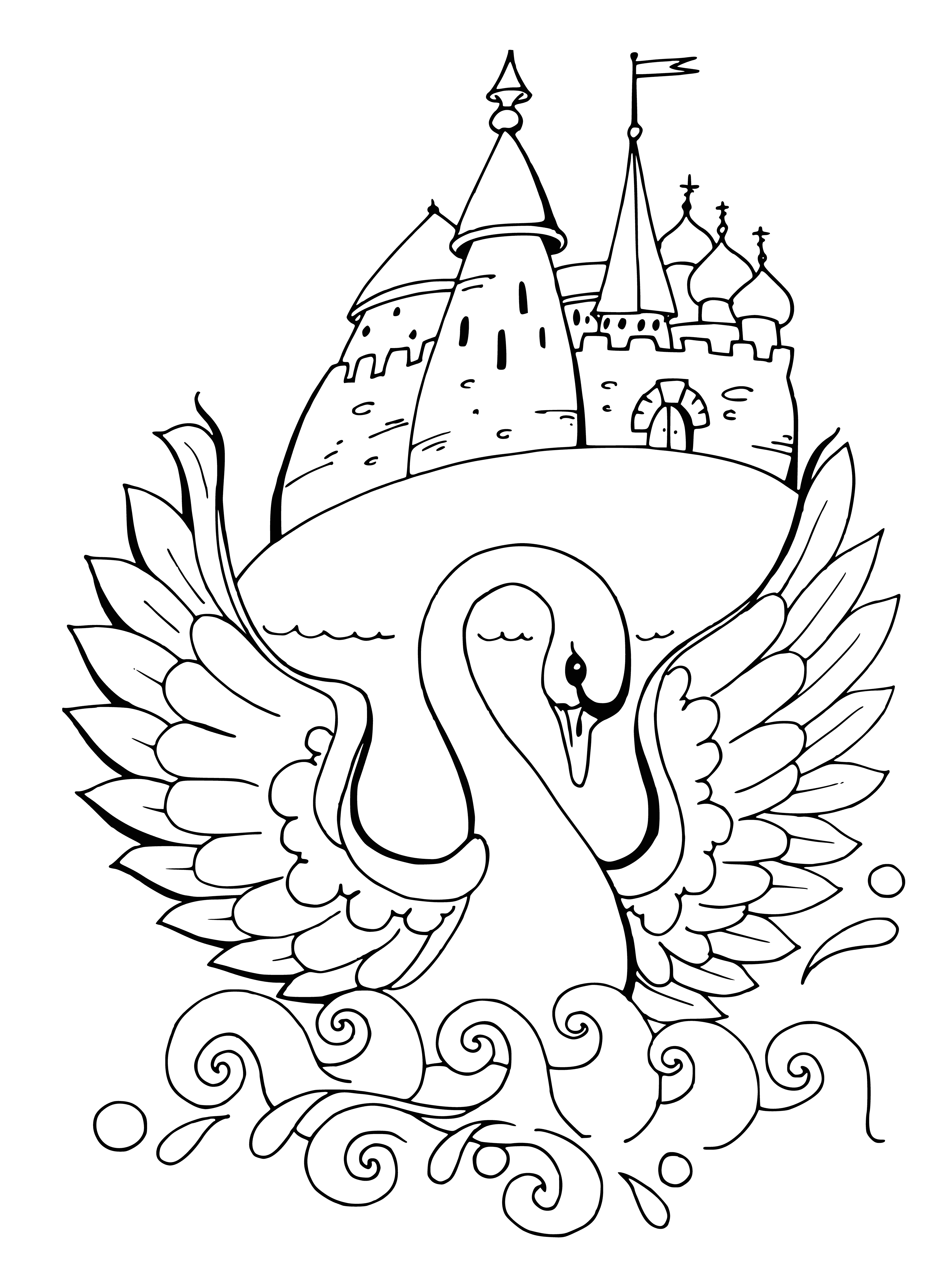 coloring page: A white swan glides gracefully through calm water on a coloring page, its neck curved, wings outstretched and legs trailing behind. #coloring