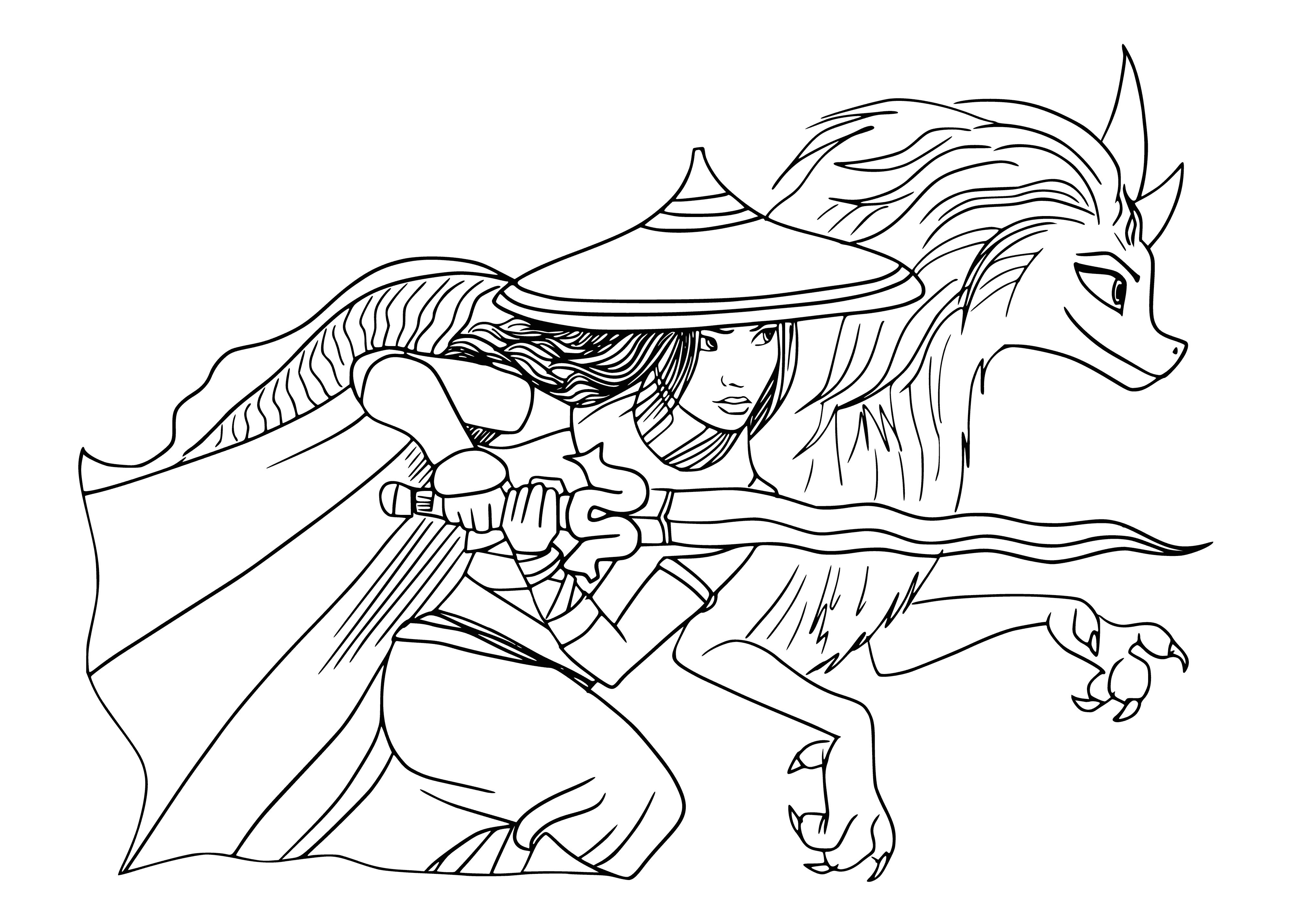 coloring page: Raya stands in the forest ready to face off with the large, purple-scaled dragon Shisu, armed with sword and shield. Determined and armored, she faces her foe.