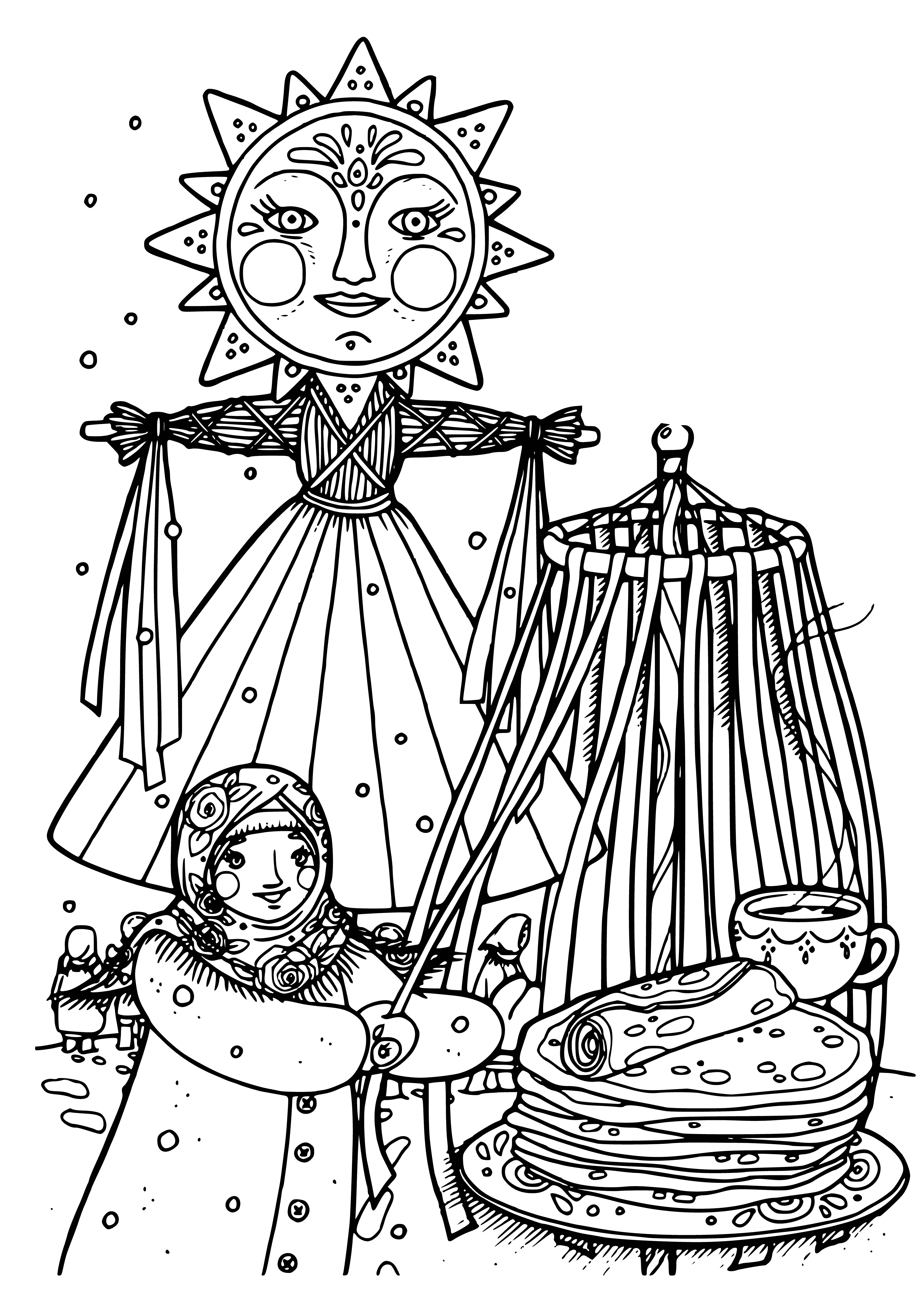 coloring page: Celebrate by eating pancakes & playing games during the Pancake Week festivities! Shrovetide marches include a large crowd & a giant frying pan w/ a pancake.