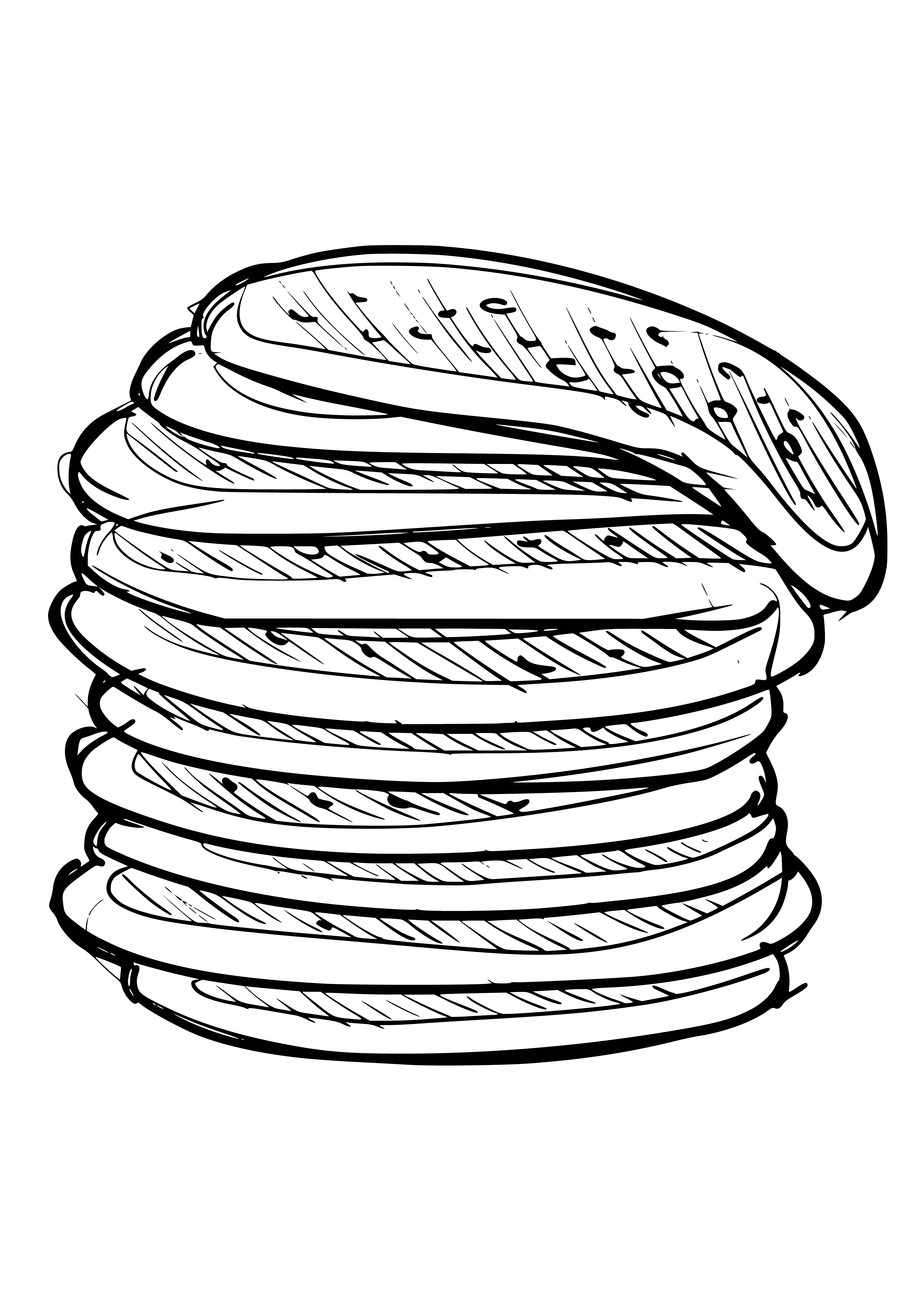 coloring page: A stack of golden-brown pancakes with buttery topping sits on a plate in front of a wintery window. #yum