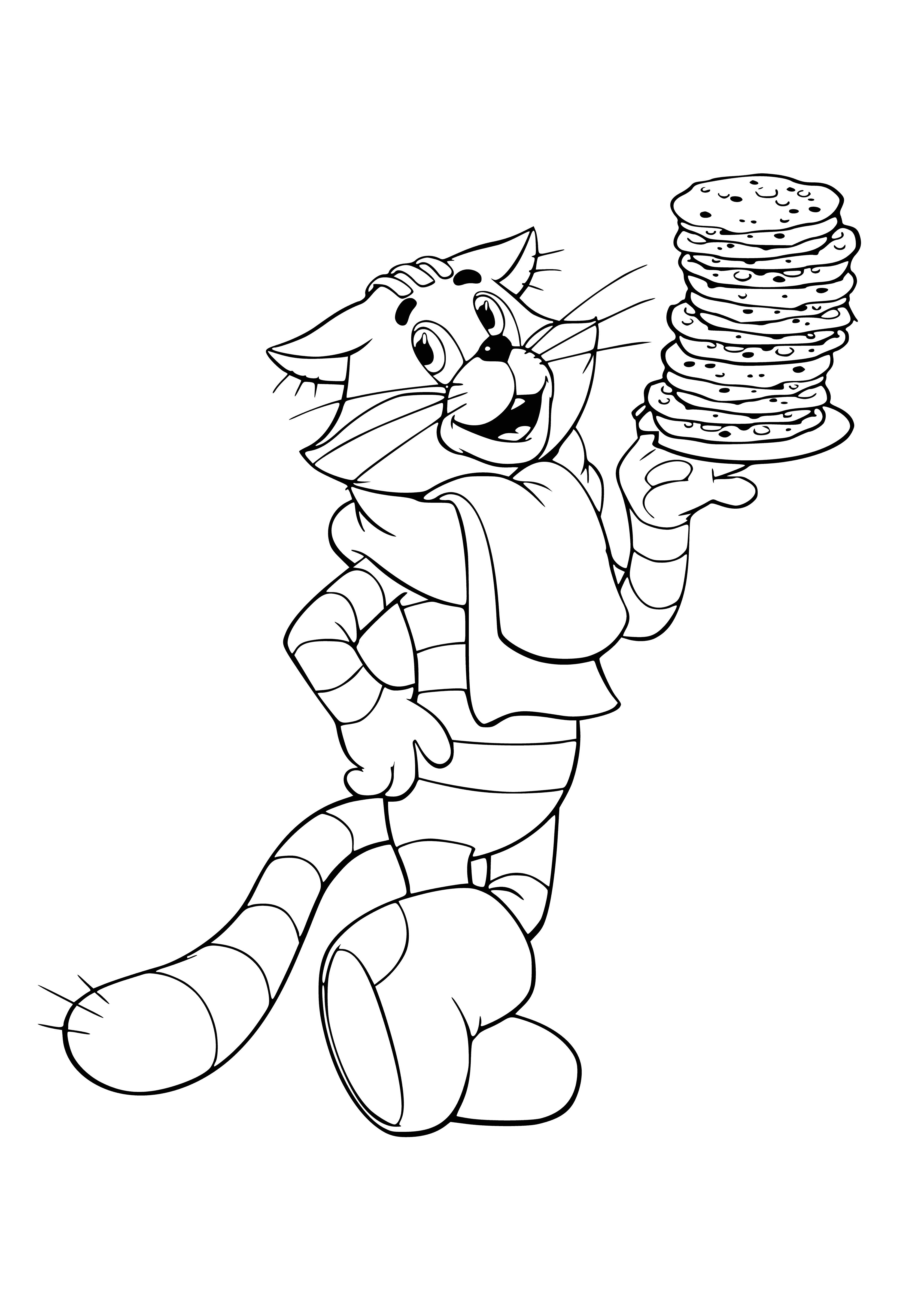coloring page: Matroskin is baking pancakes and flipping them onto a plate with fork and knife. #CatsCooking