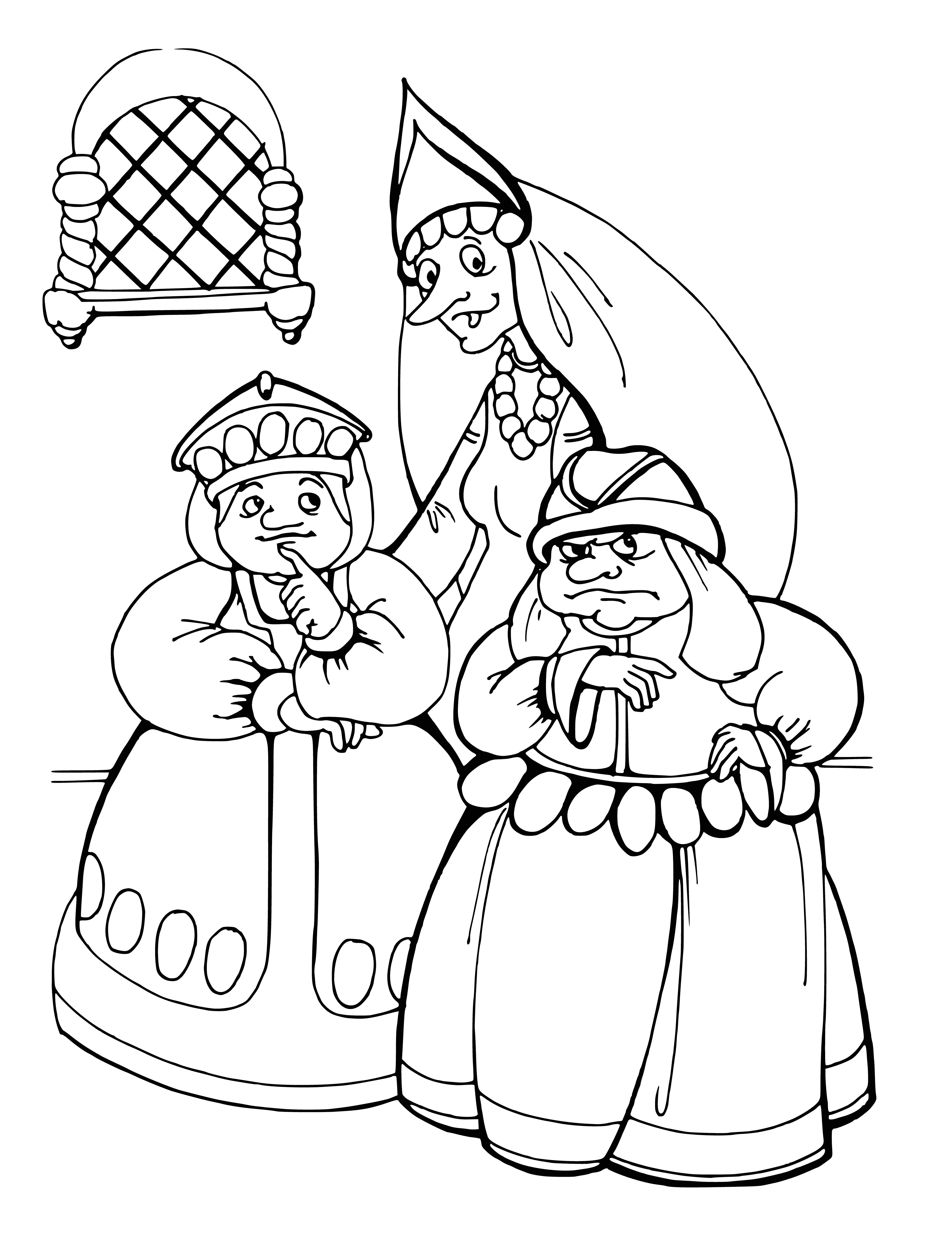 coloring page: Three women at table: two sisters arguing, one older mother-in-law trying to calm them.