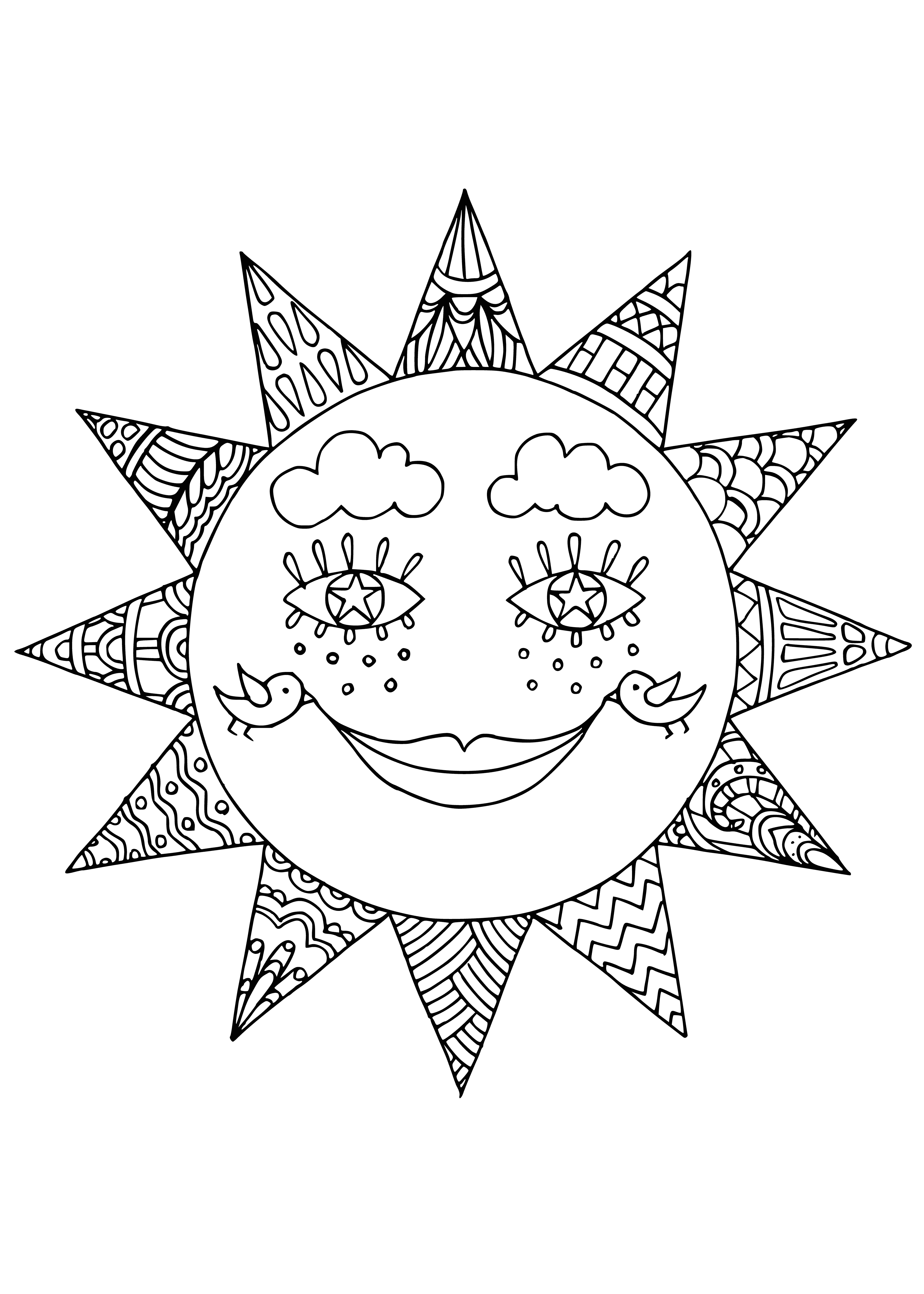 coloring page: A large yellow sun is surrounded by smaller orange suns in a blue sky, with two green trees in the foreground. #ColoringPage #Sun #Trees