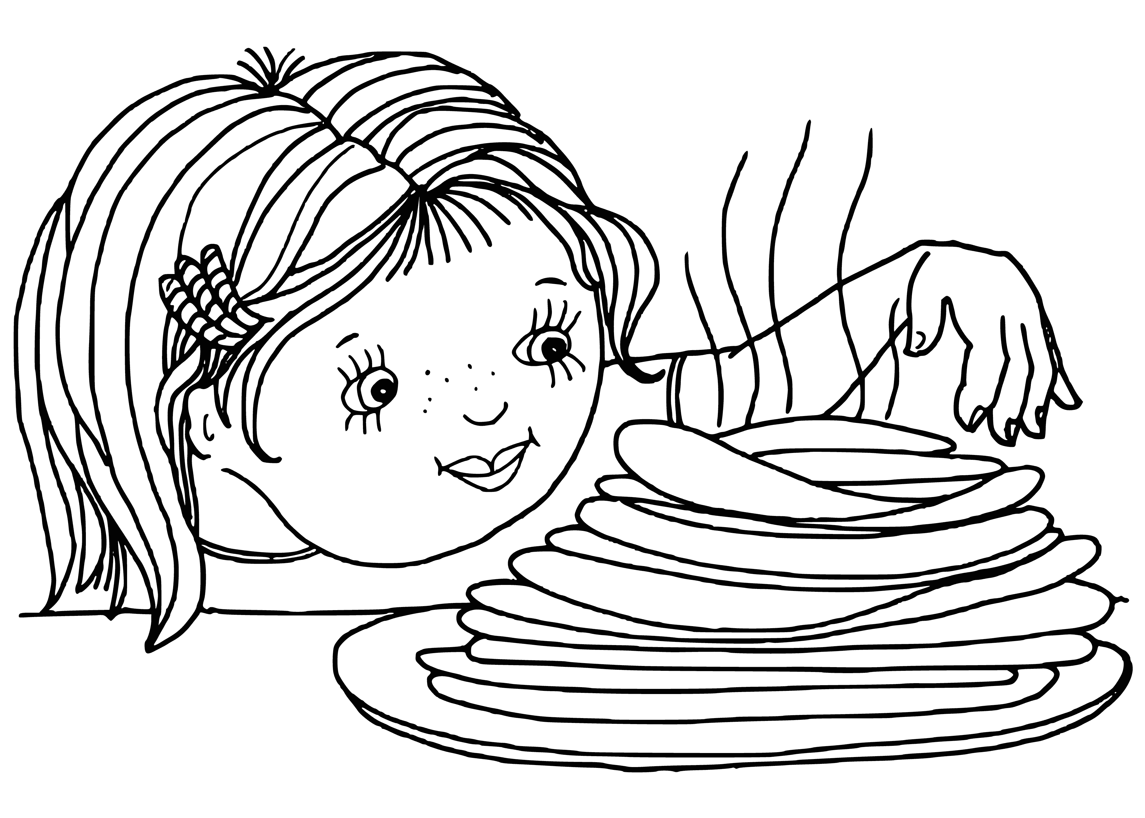 coloring page: Pancakes with creamy butter melting on top, ready to eat with a fork and knife. Golden brown and creamy white.