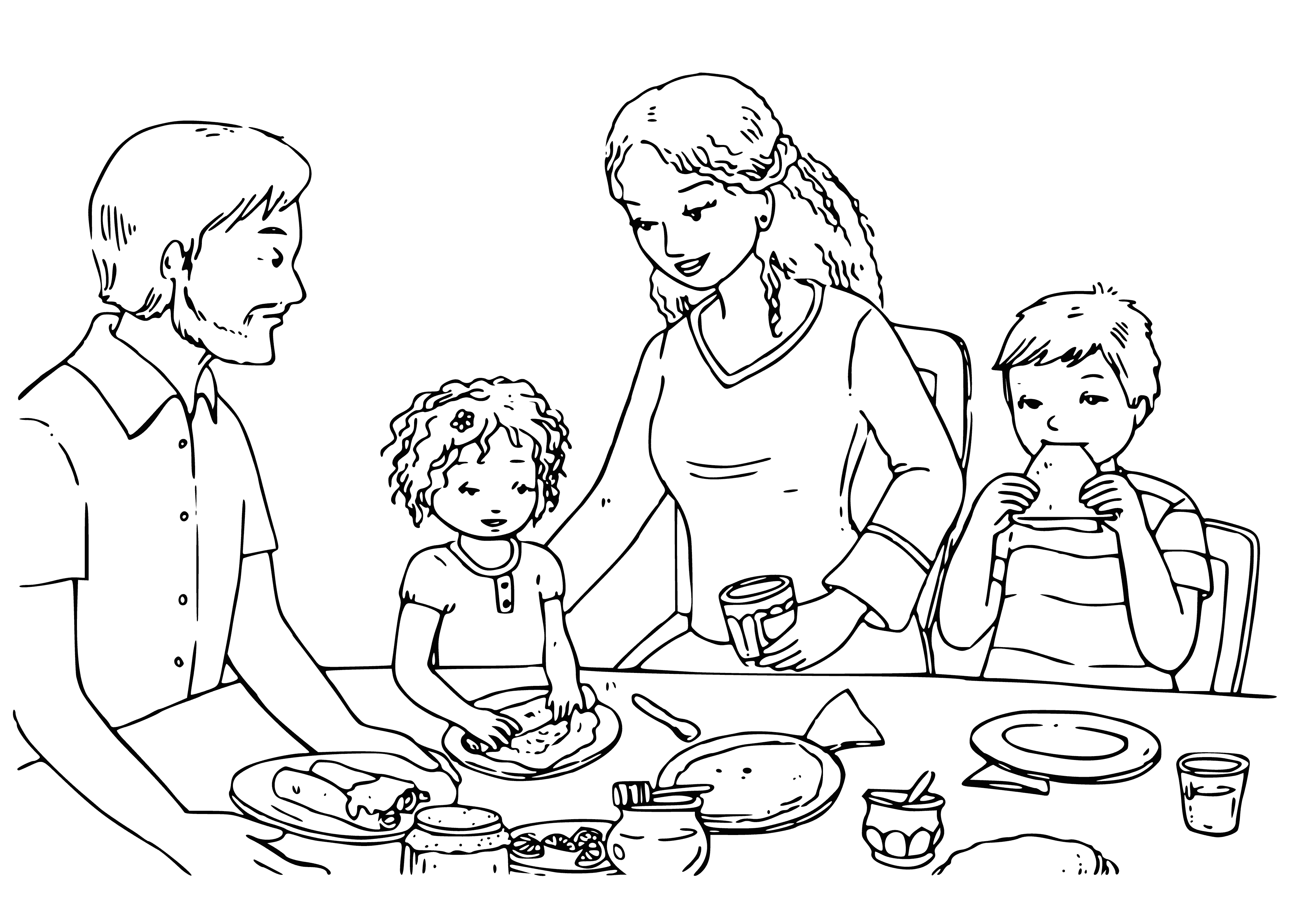 coloring page: Five pancakes colored differently with toppings of chocolate chips, blueberries, bananas, strawberries, and cream.