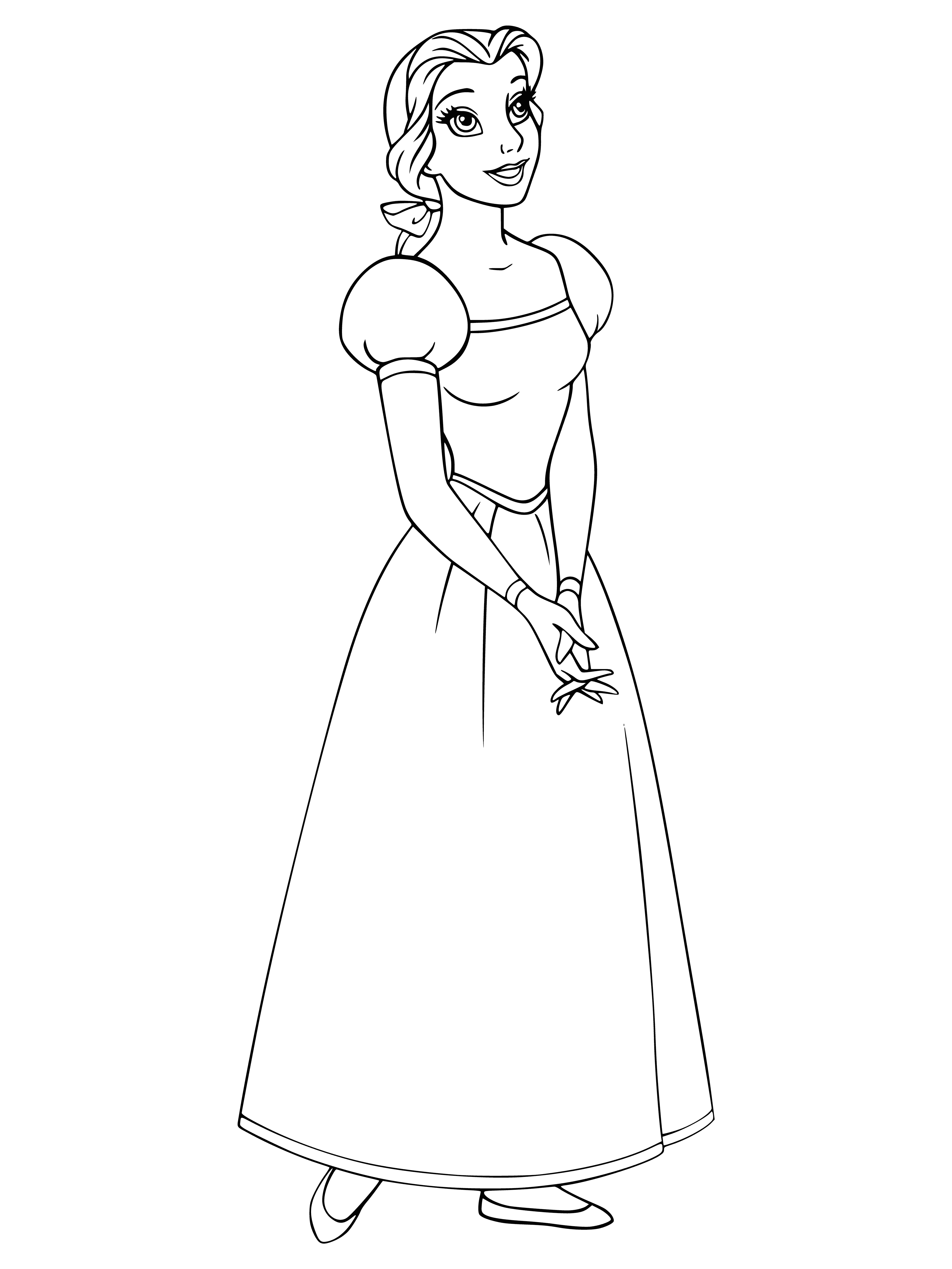 coloring page: Belle reads in front of a window, dreaming with curly brown hair & glasses on her face.