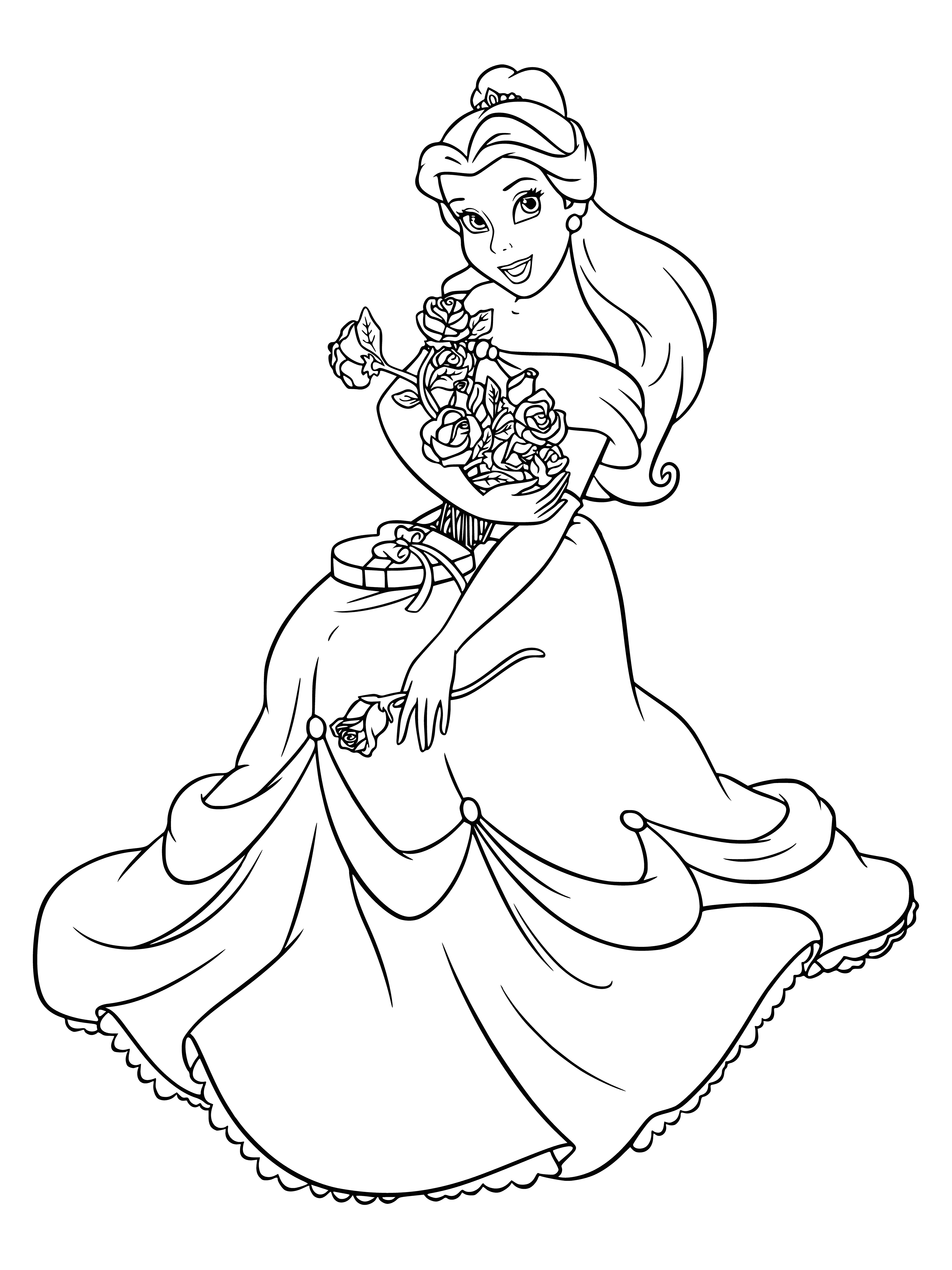 coloring page: Belle stands before Cinderella's castle, flowers in hand. Trees and shrubs in the foreground.
