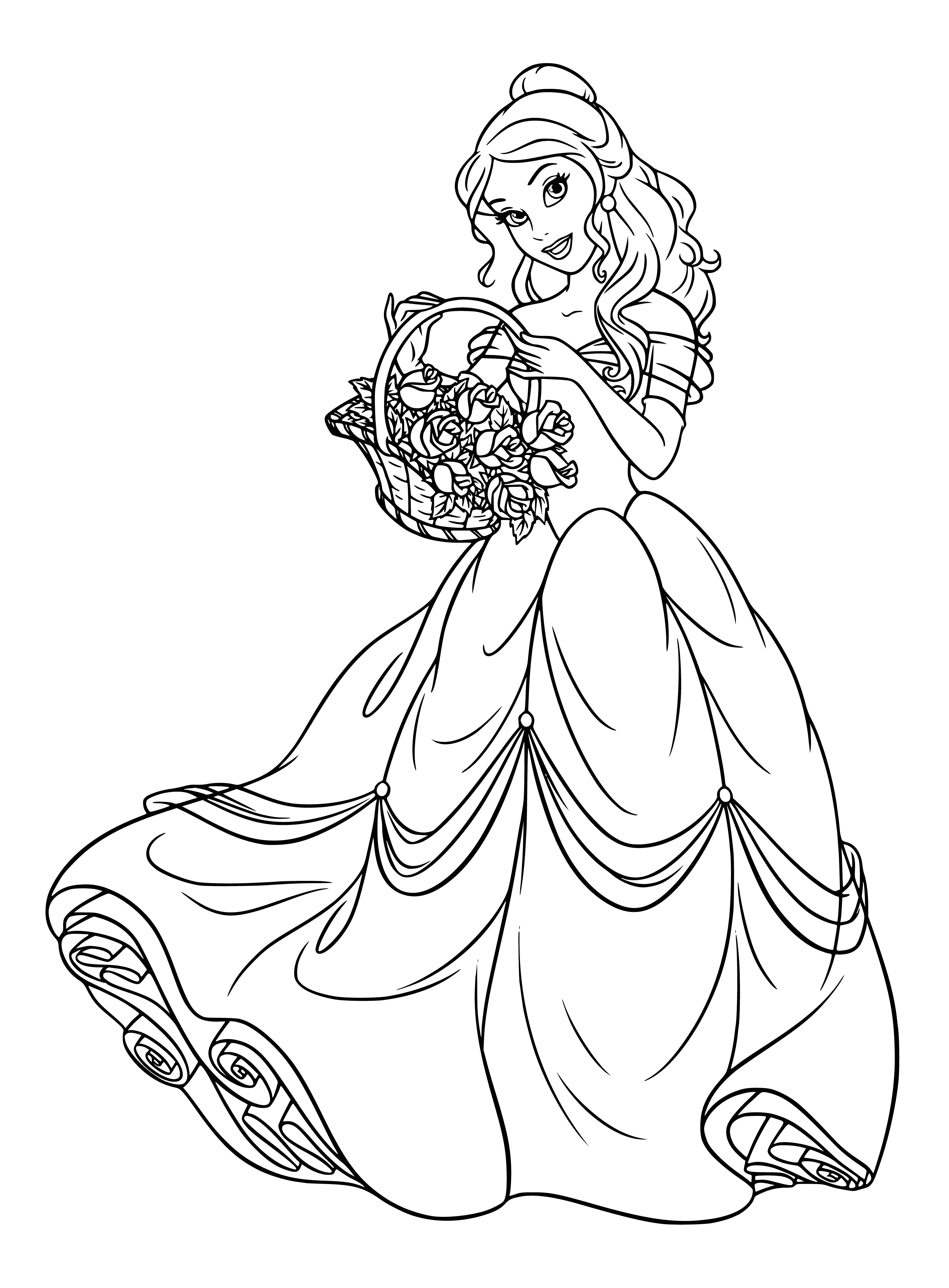 coloring page: Belle reaches for an empty basket with one hand while holding a bouquet of flowers in the other.
