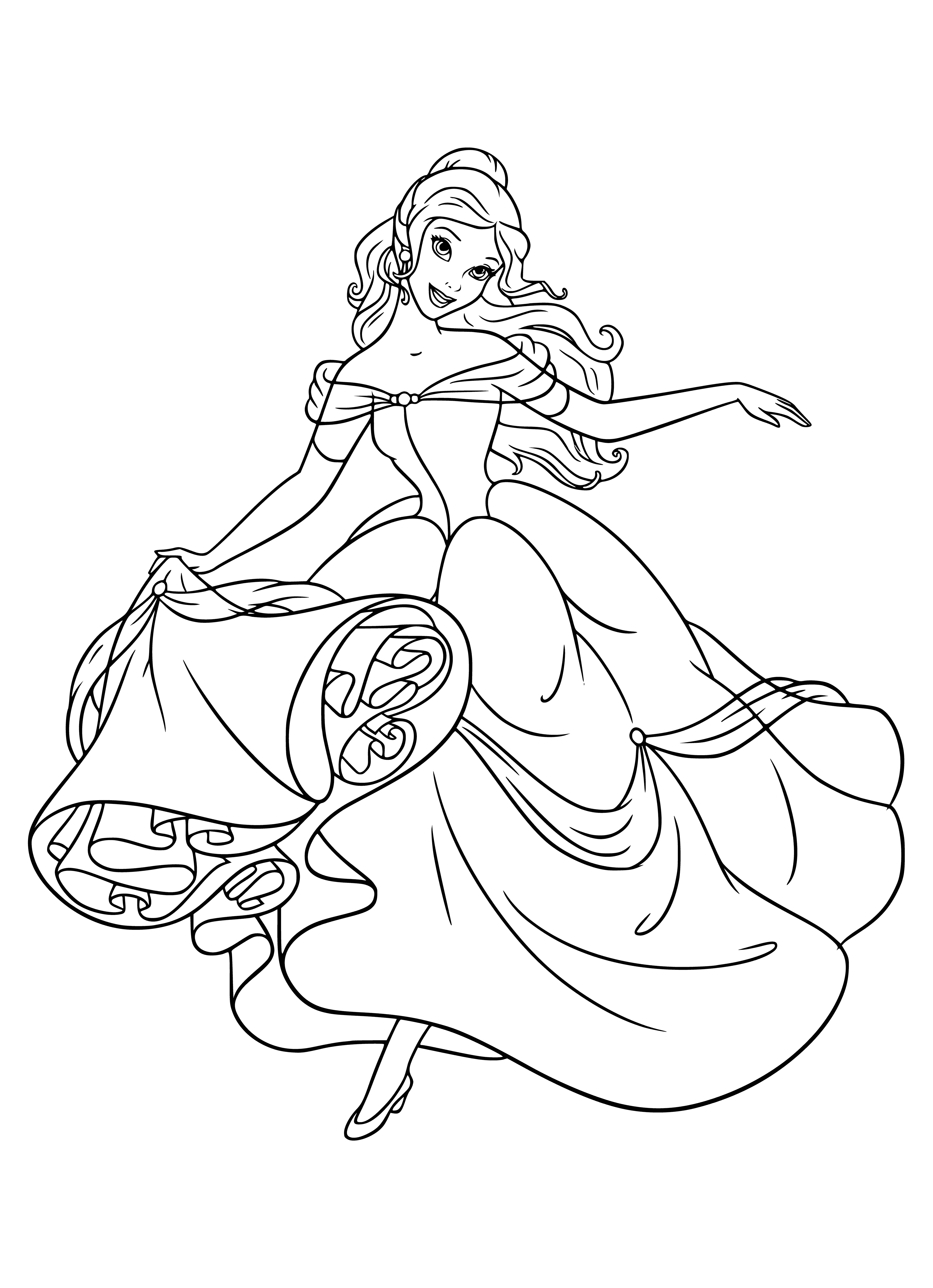 coloring page: Belle stands in front of a mysterious door, wearing a yellow dress and red rose, determined to enter.