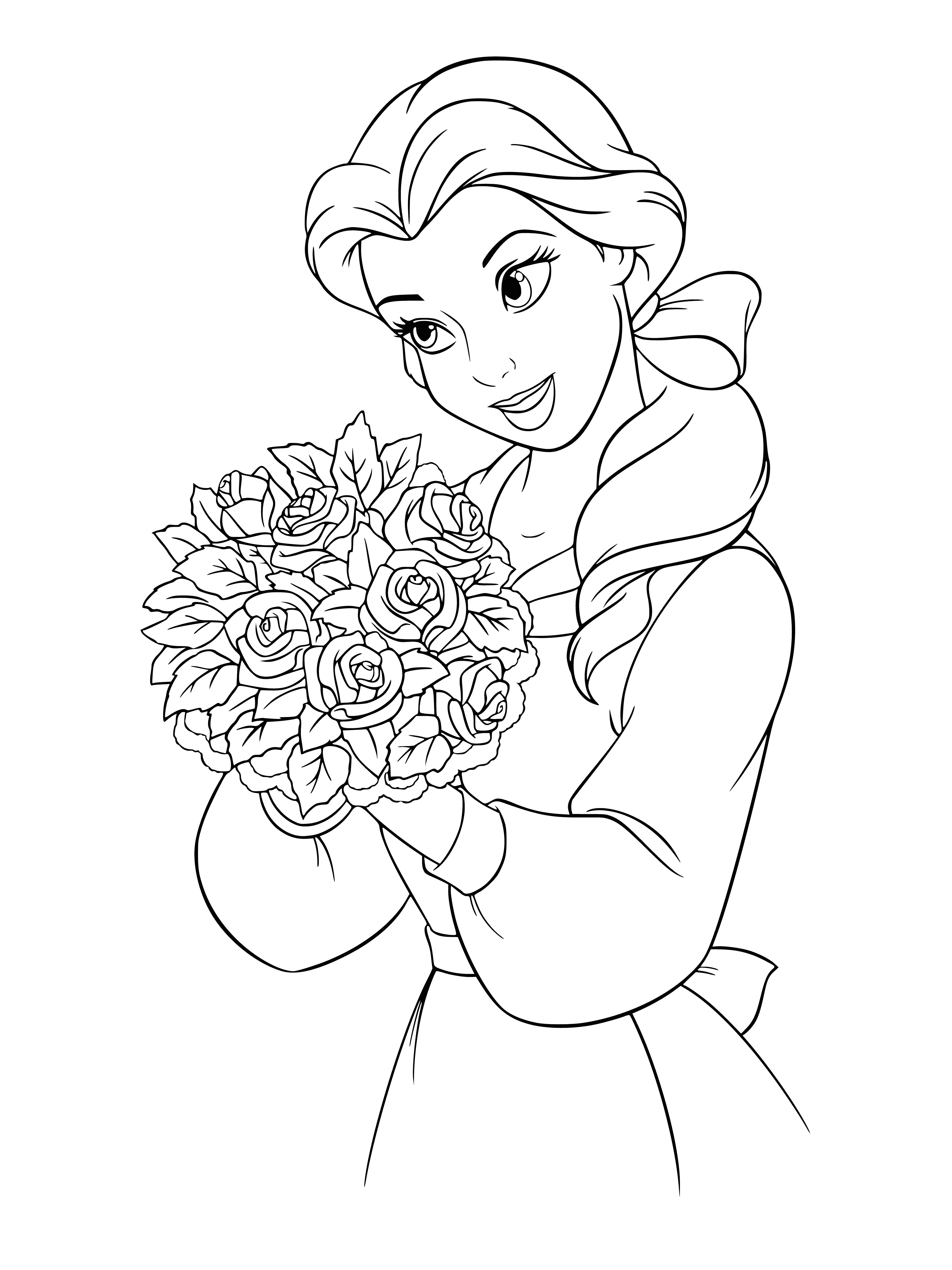 coloring page: Belle smiles as the Beast offers her a bouquet of roses.