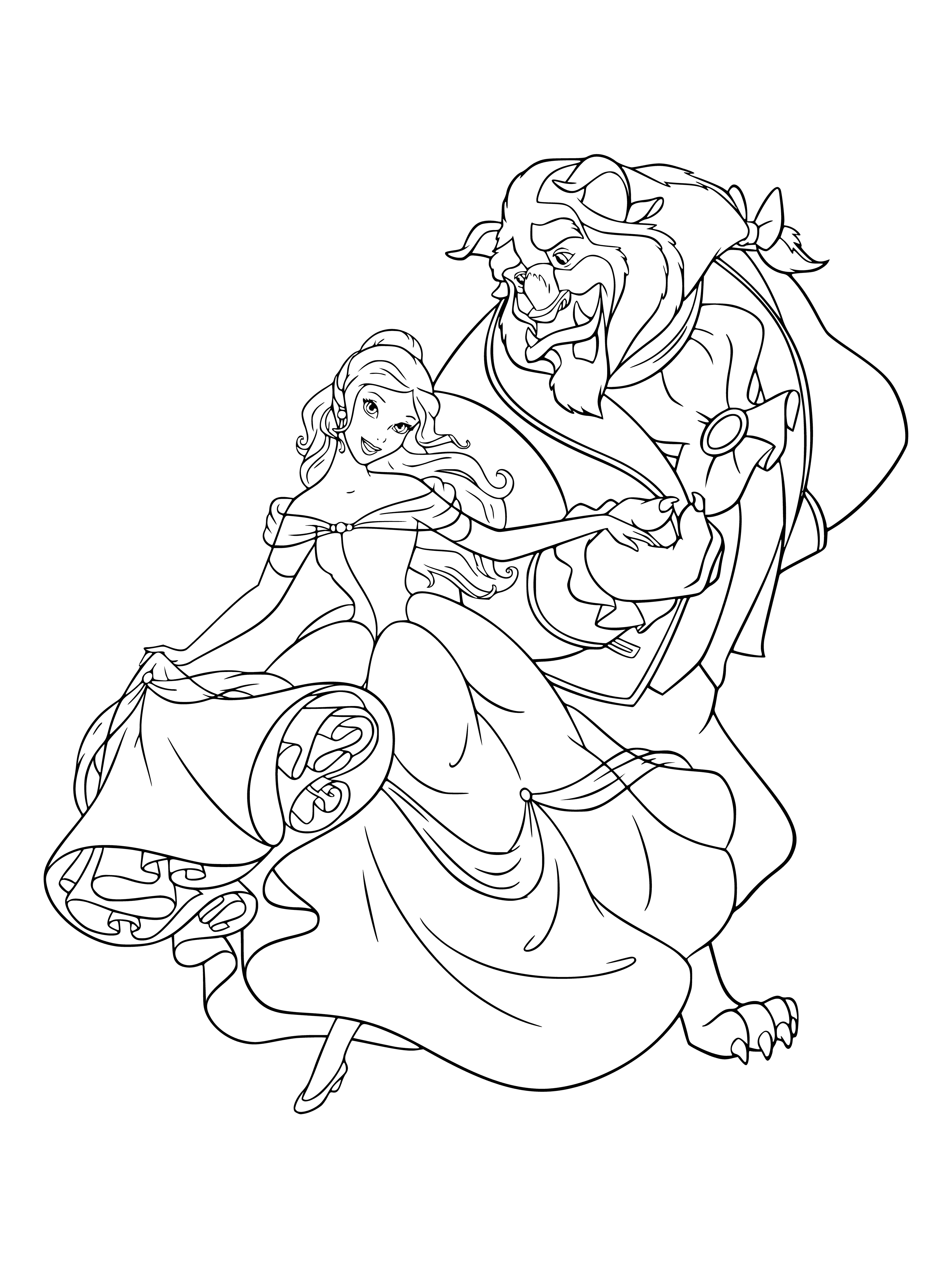 coloring page: A beautiful woman is looking at a rose, smiling, while a brown furry beast watches from behind.