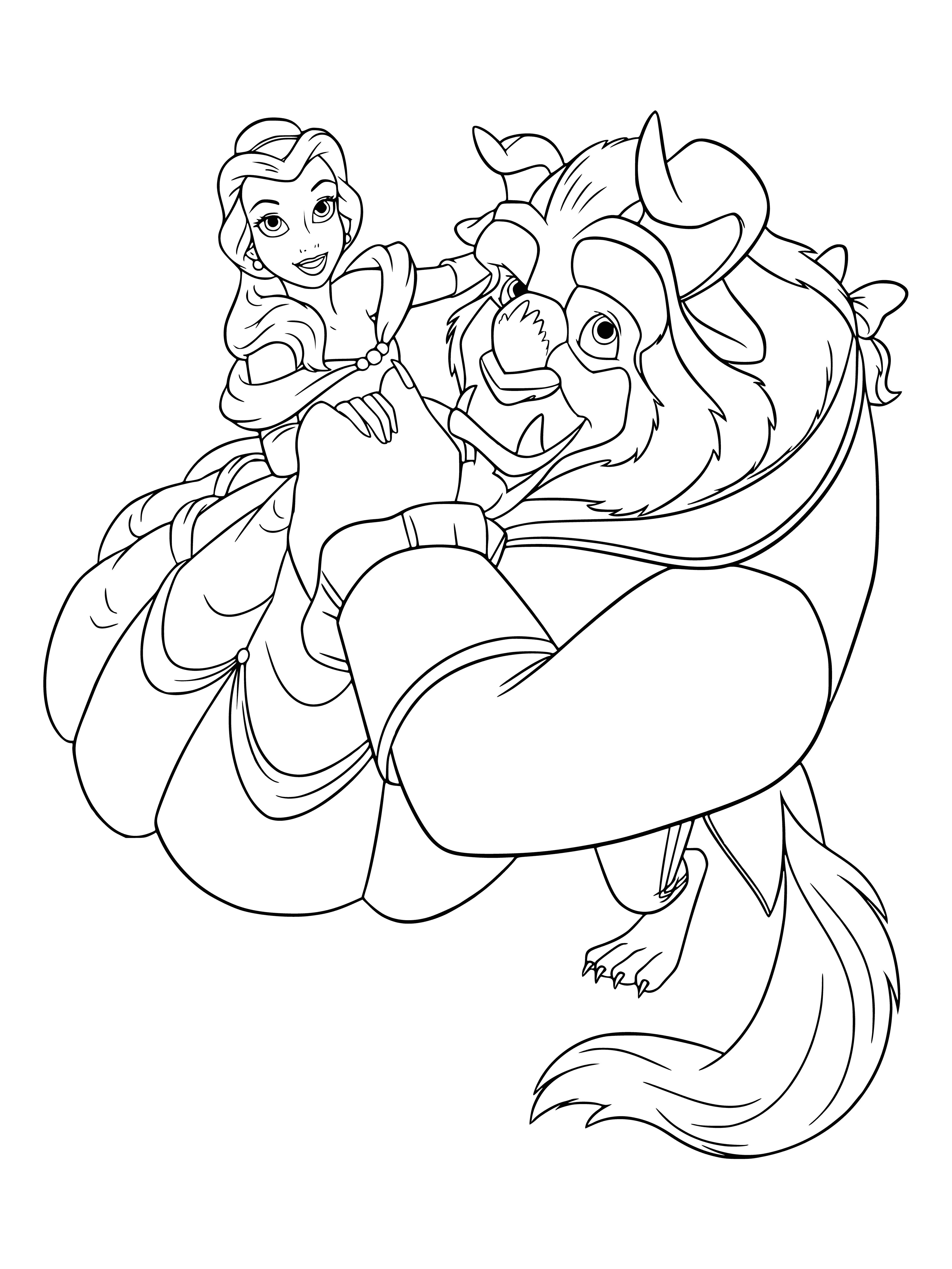 coloring page: Beast & Belle stand with arms raised, smiling. He in red & black, she in yellow & white. Table has white cloth & red rose.