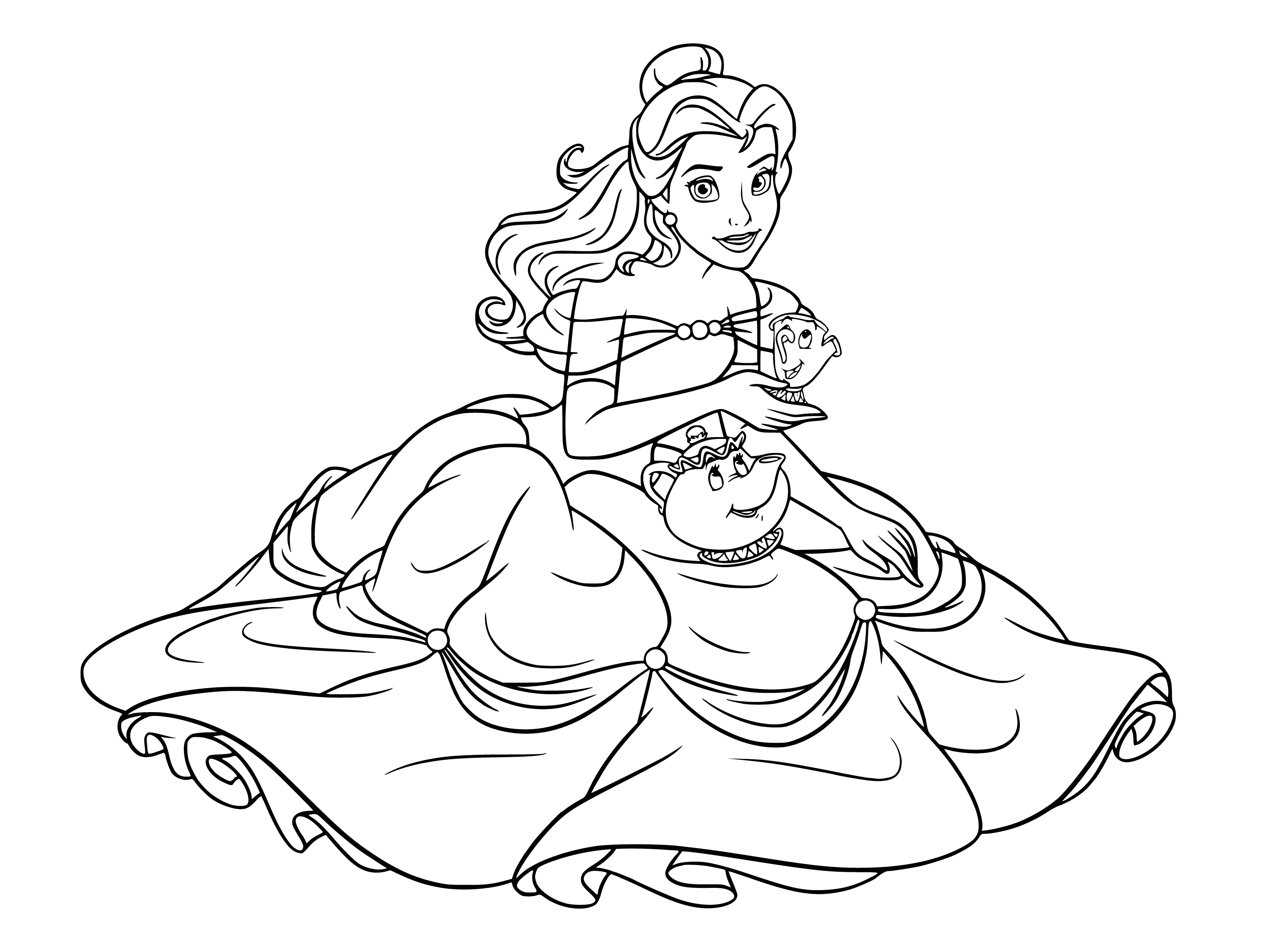 Belle, Mrs. Potts and Chip. Belle coloring page