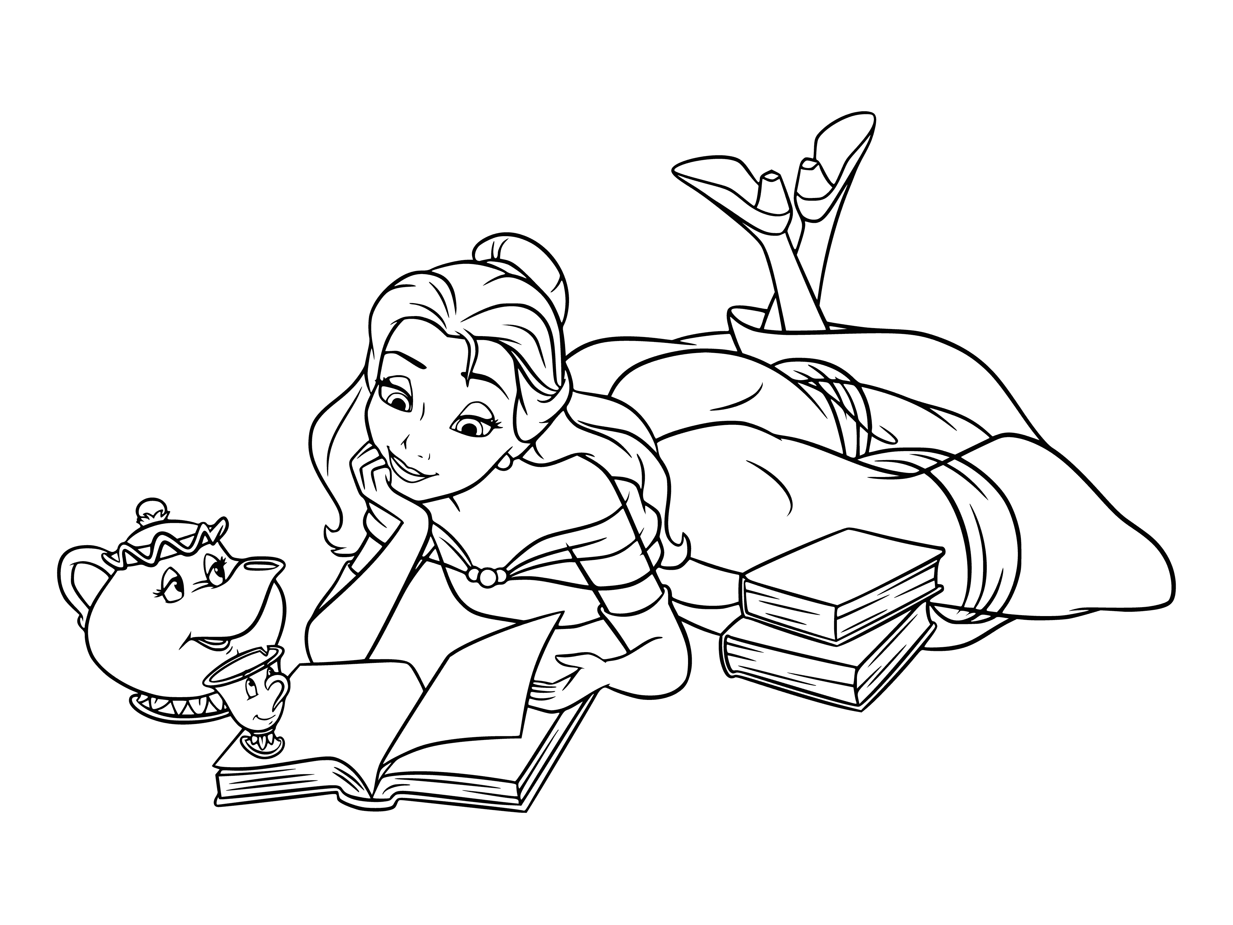 coloring page: Belle contentedly reads a book with a beautiful rose-covered cover while in a comfy chair.