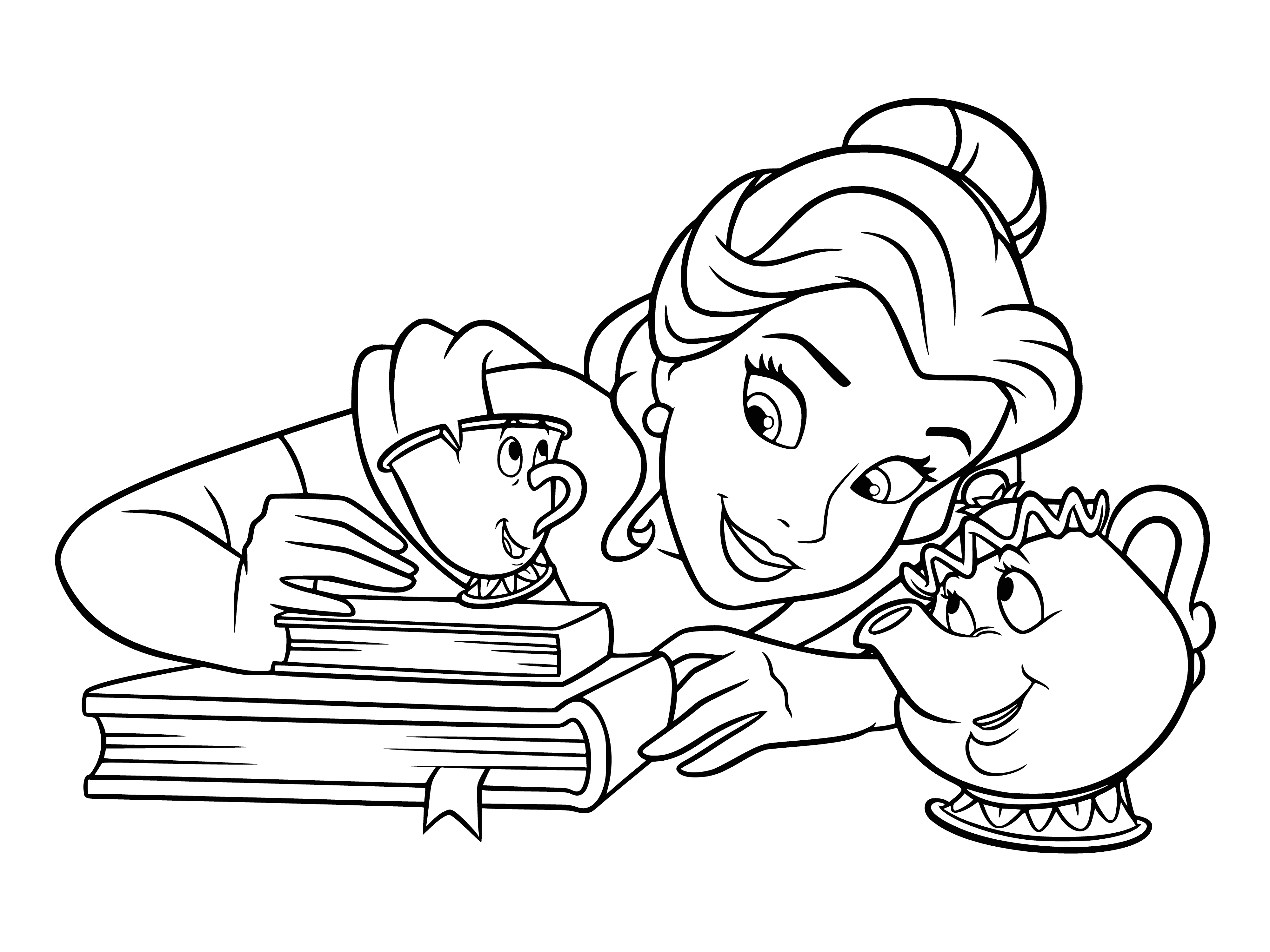 coloring page: Girl in light blue dress w/ white collar & yellow bow holds a teacup & teapot; a castle out the window w/ red curtains.