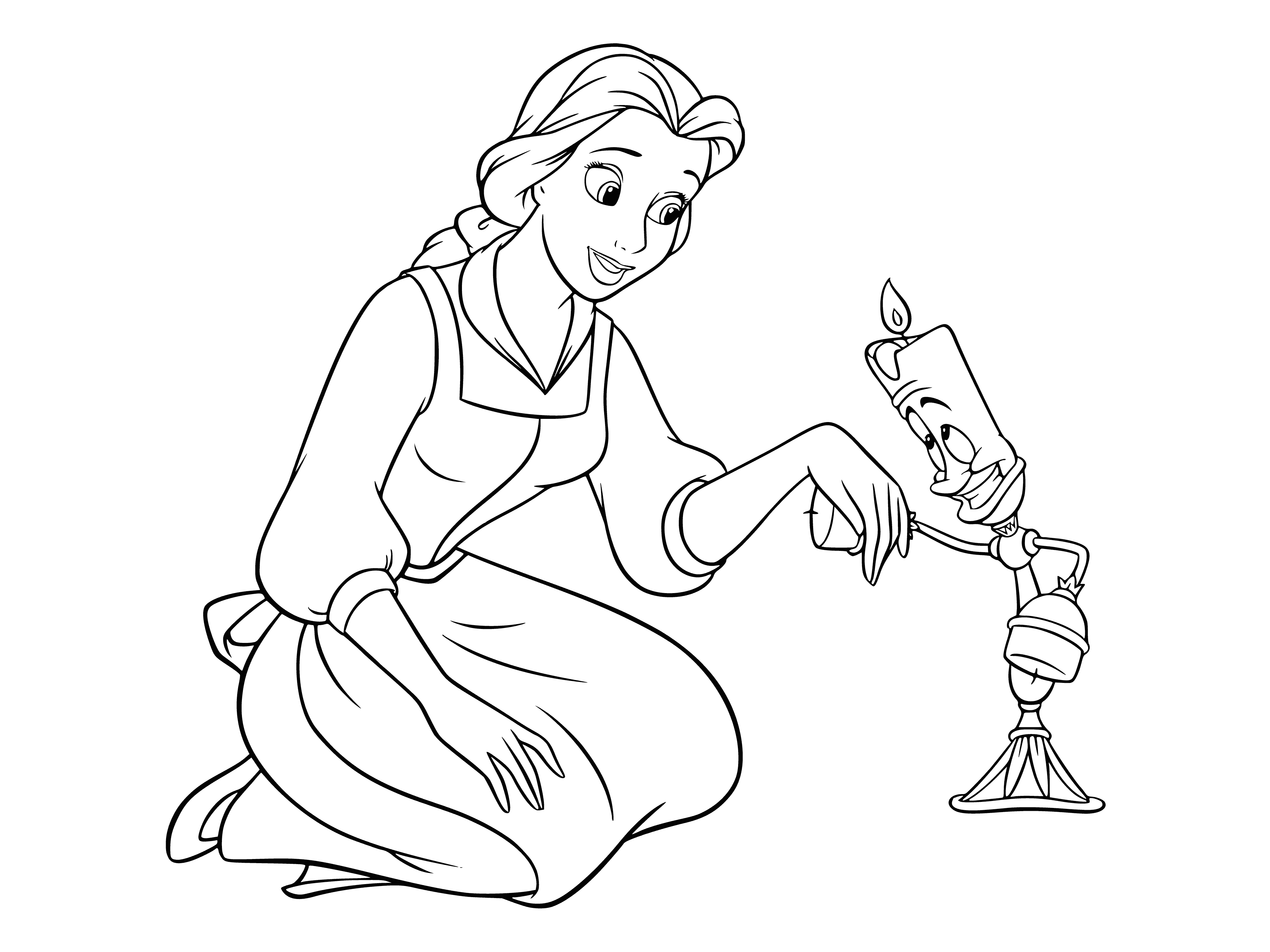 coloring page: Belle meets Lumiere, a friendly candlestick creature, transformed by a curse. They quickly become friends. #BeautyAndTheBeast