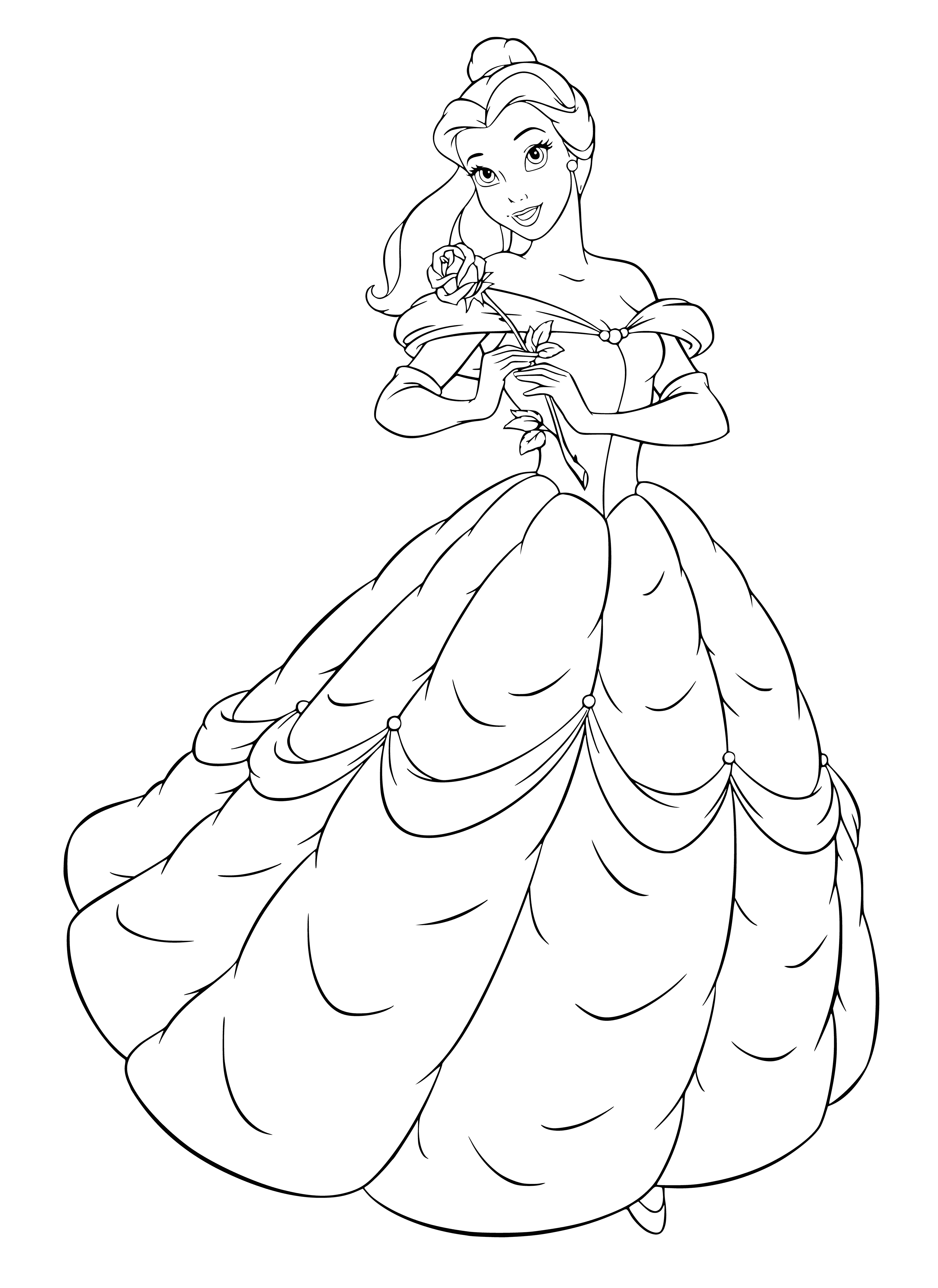 coloring page: Belle stands before a large door, wearing a yellow dress, a white apron and her hair pulled back. She looks apprehensive and rests her hand on the handle.