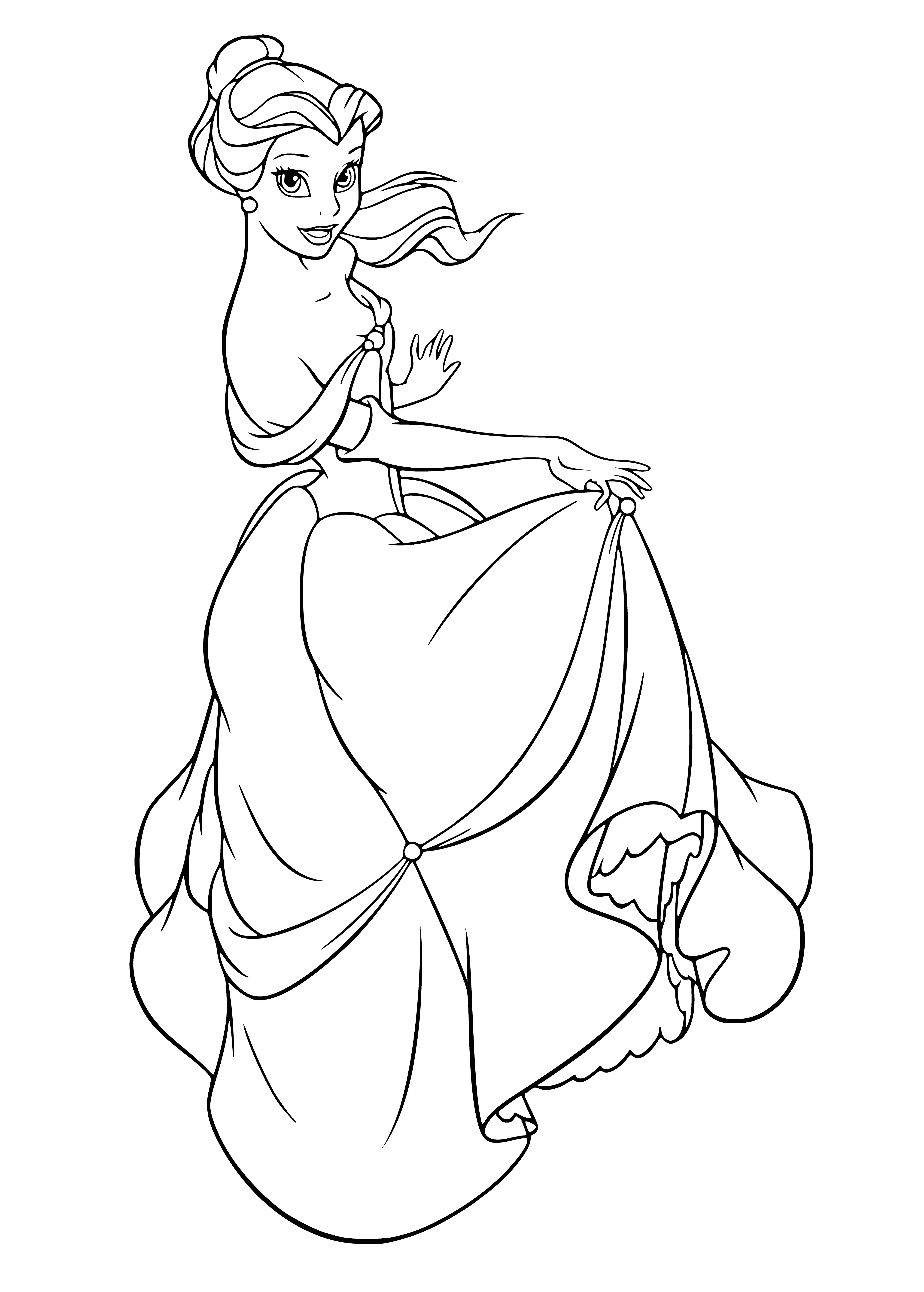 coloring page: Belle and Beast dance in the center of the page, Belle wearing a yellow dress and blue scarf, and Beast in a red cape with rose in hand.
