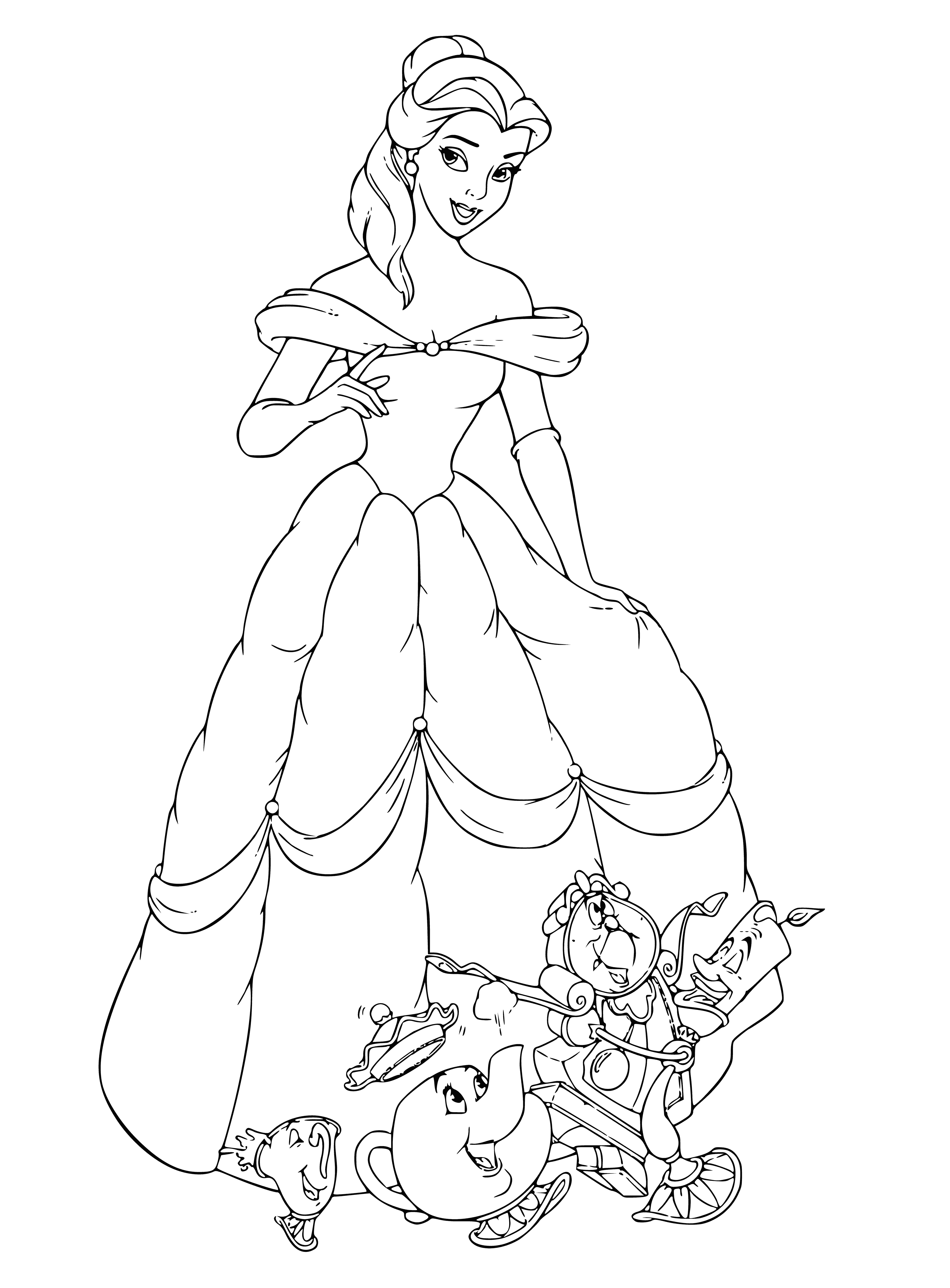 Belle, Chip, Mrs Potts, Cogsworth and Lumiere coloring page