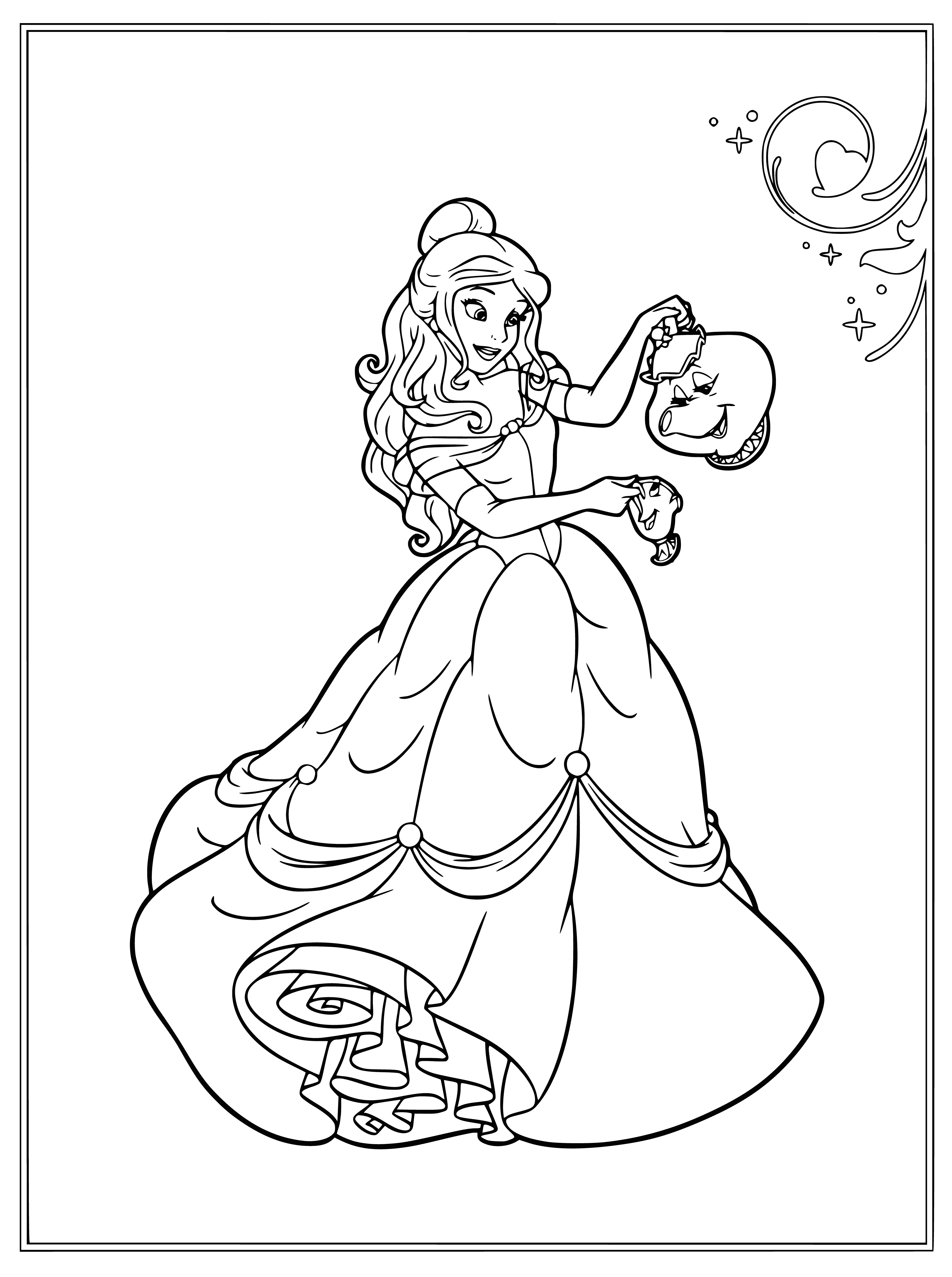 coloring page: Belle is surprised to find the Beast embracing her in the mirror; he looks lovingly at her.