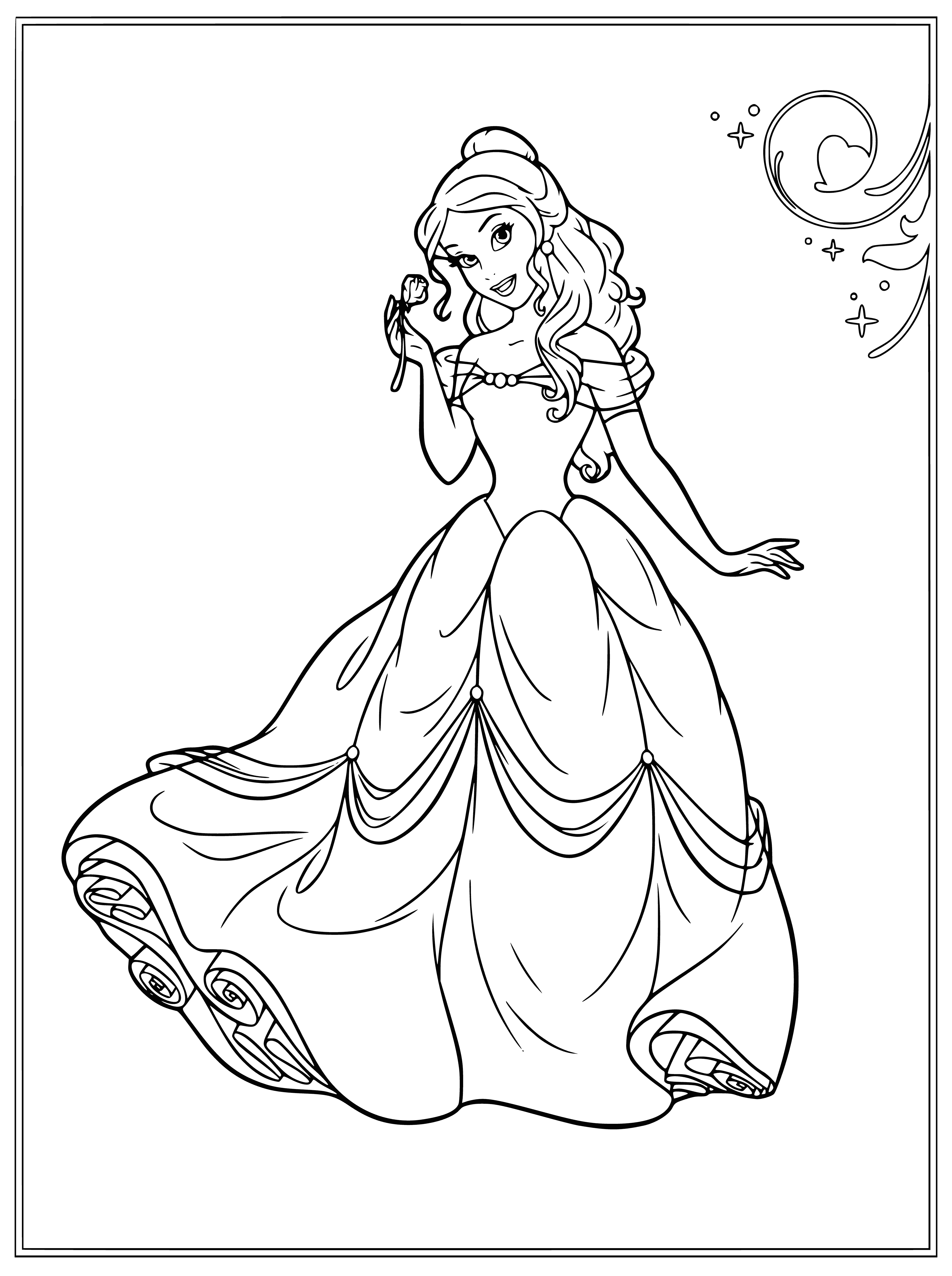 coloring page: Belle coloring in a chair, wearing yellow dress & black sash, looking at viewer with gentle smile, holding book with castle illustration.