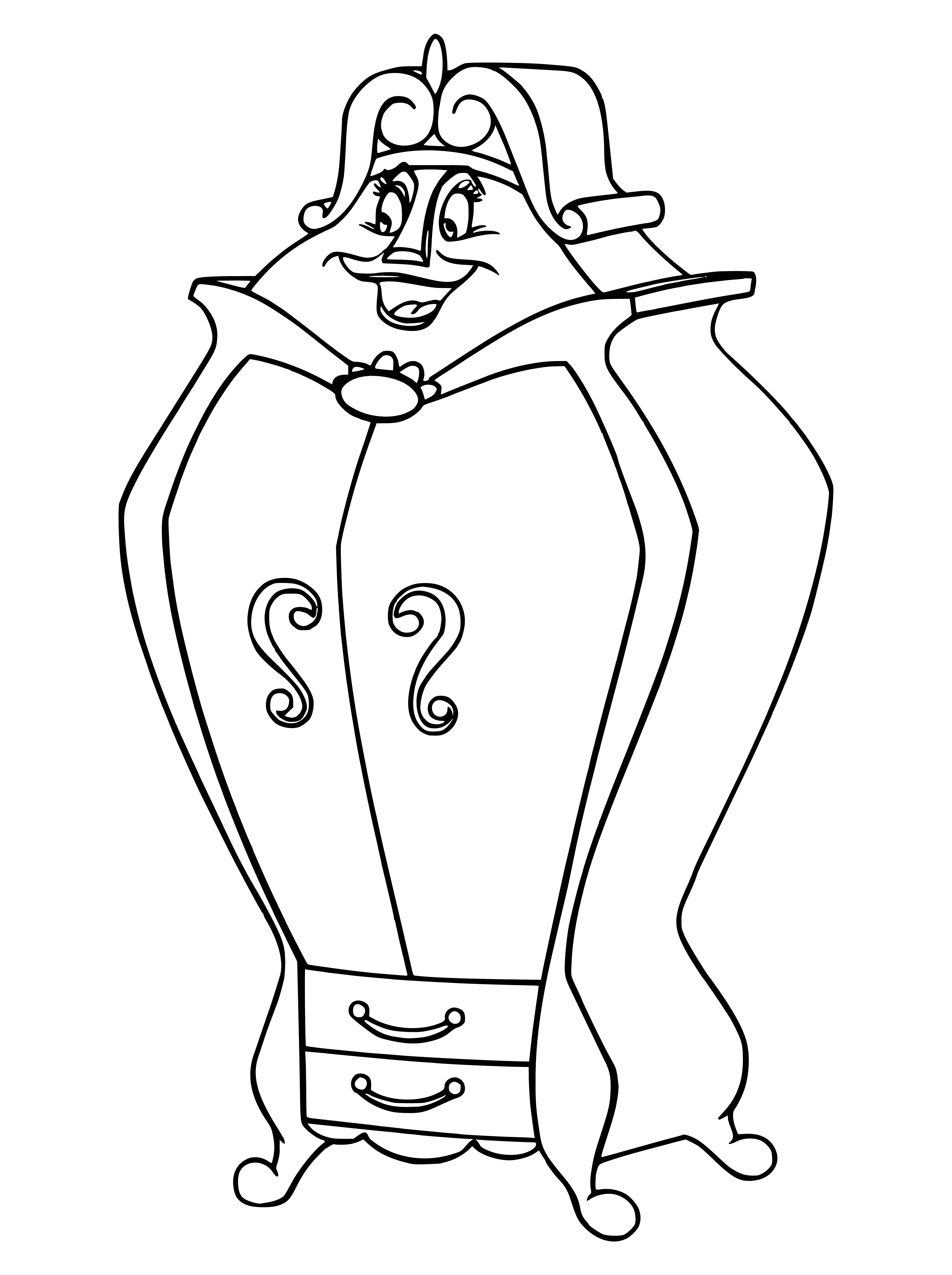 coloring page: Beauty looks sadly at the Beast, large and furry with a long tail, lying on the ground with his head in his paw and a silent roar on his lips.