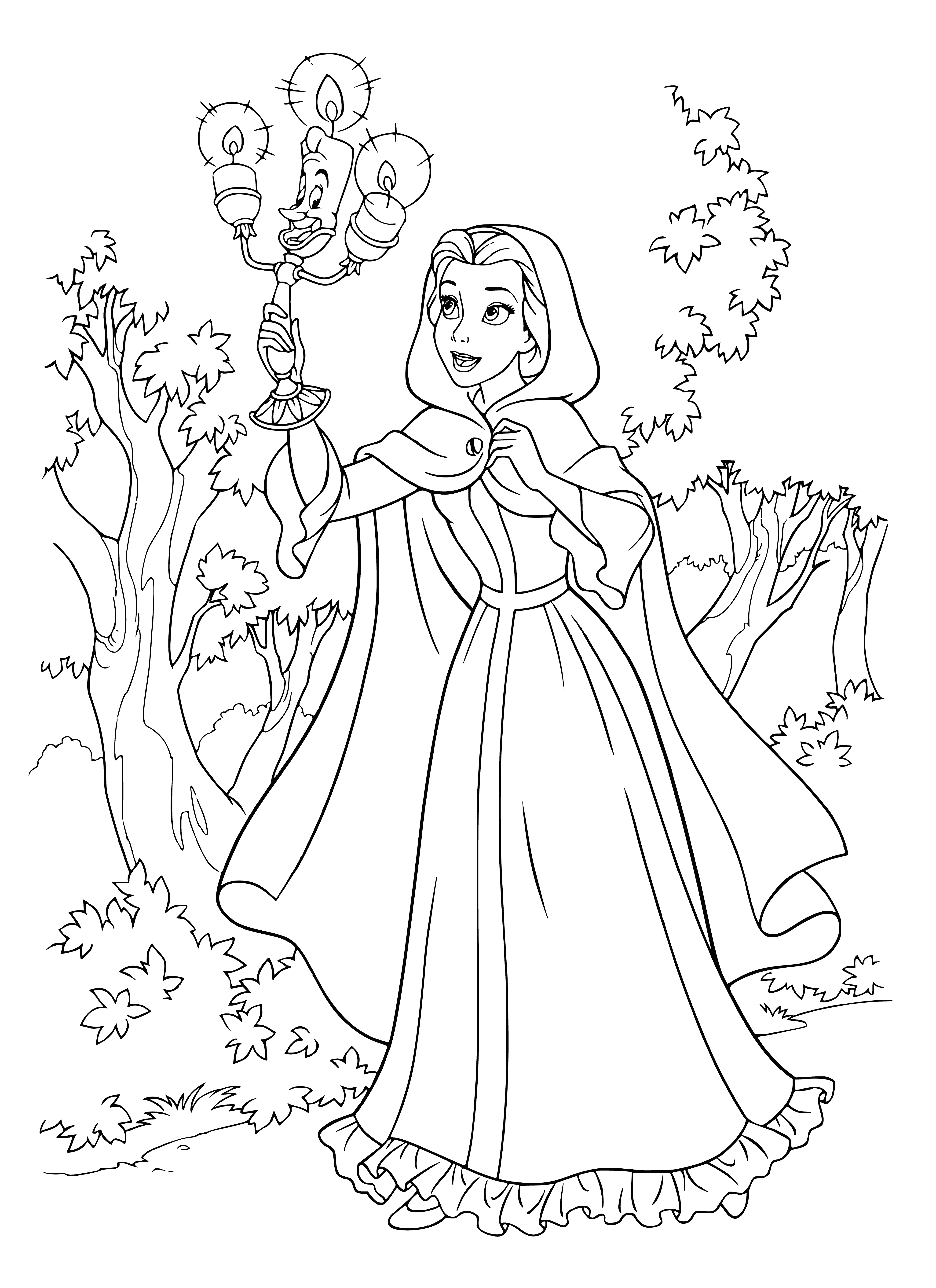 coloring page: Belle meets Lumiere in the Beast's library: he presents her with a candlestick while she holds a book with a questioning look.