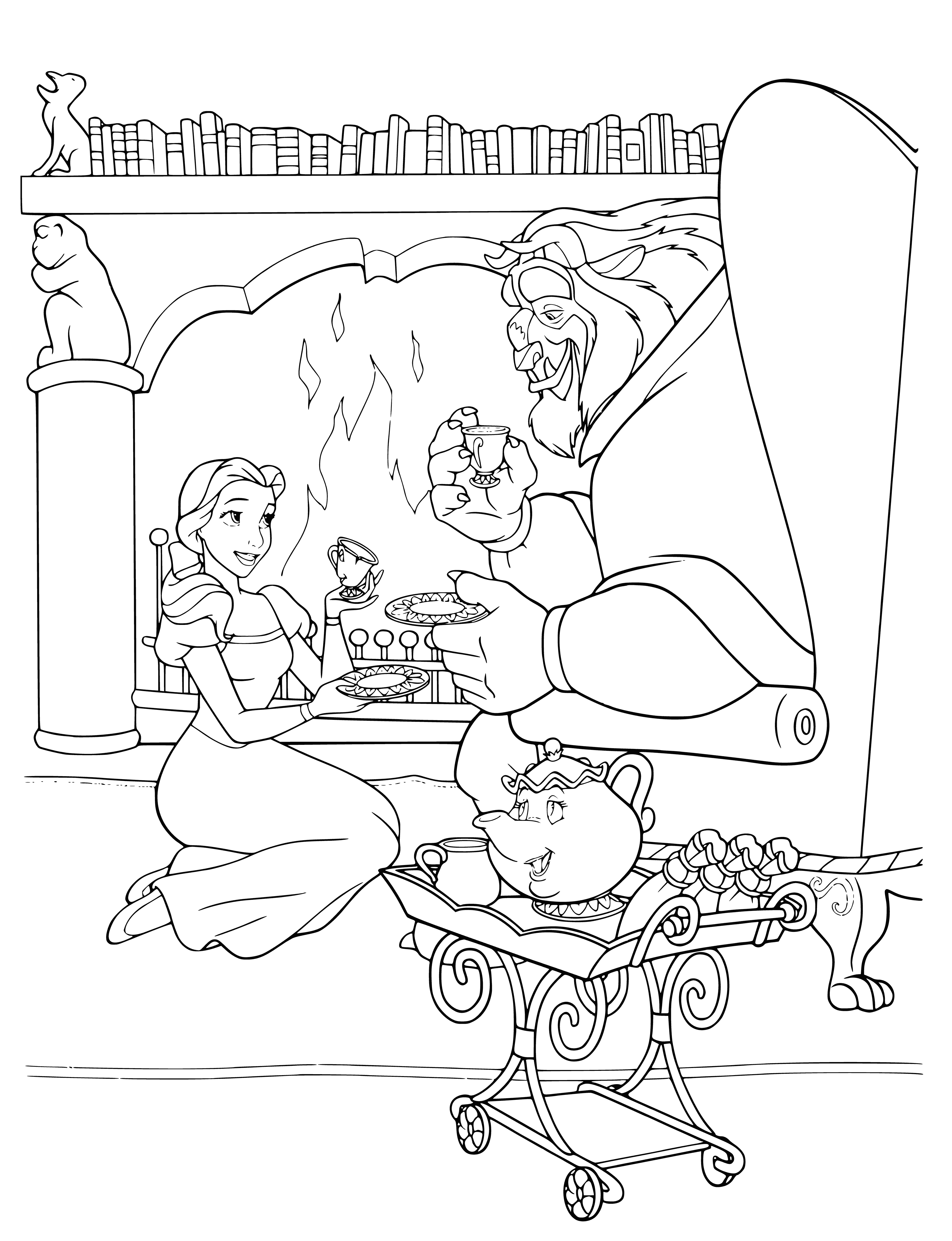 coloring page: Belle & Beast embrace before fireplace, looking into each other's eyes.