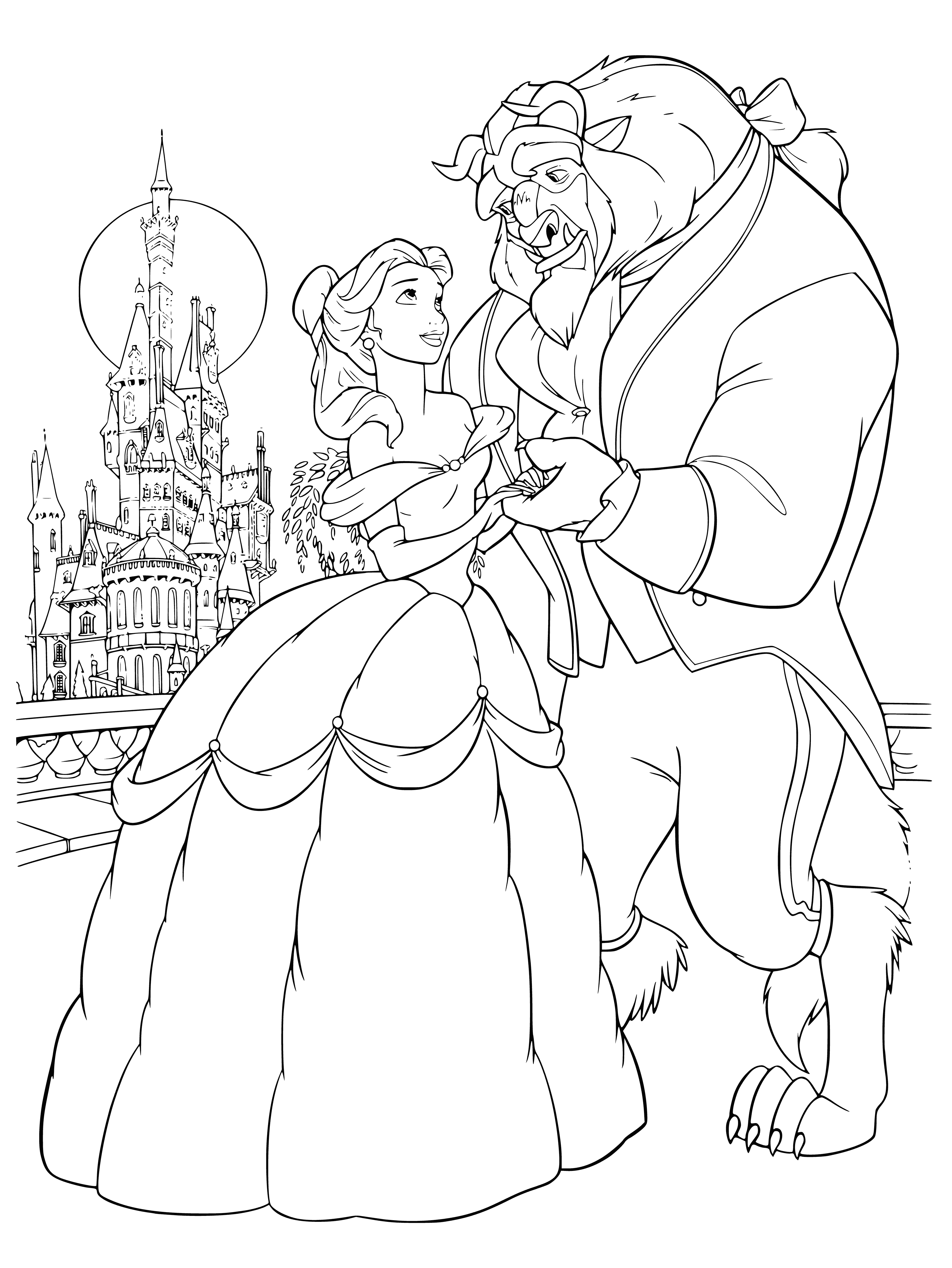 coloring page: A woman in white stands in front of a castle under a full moon in a field of trees.