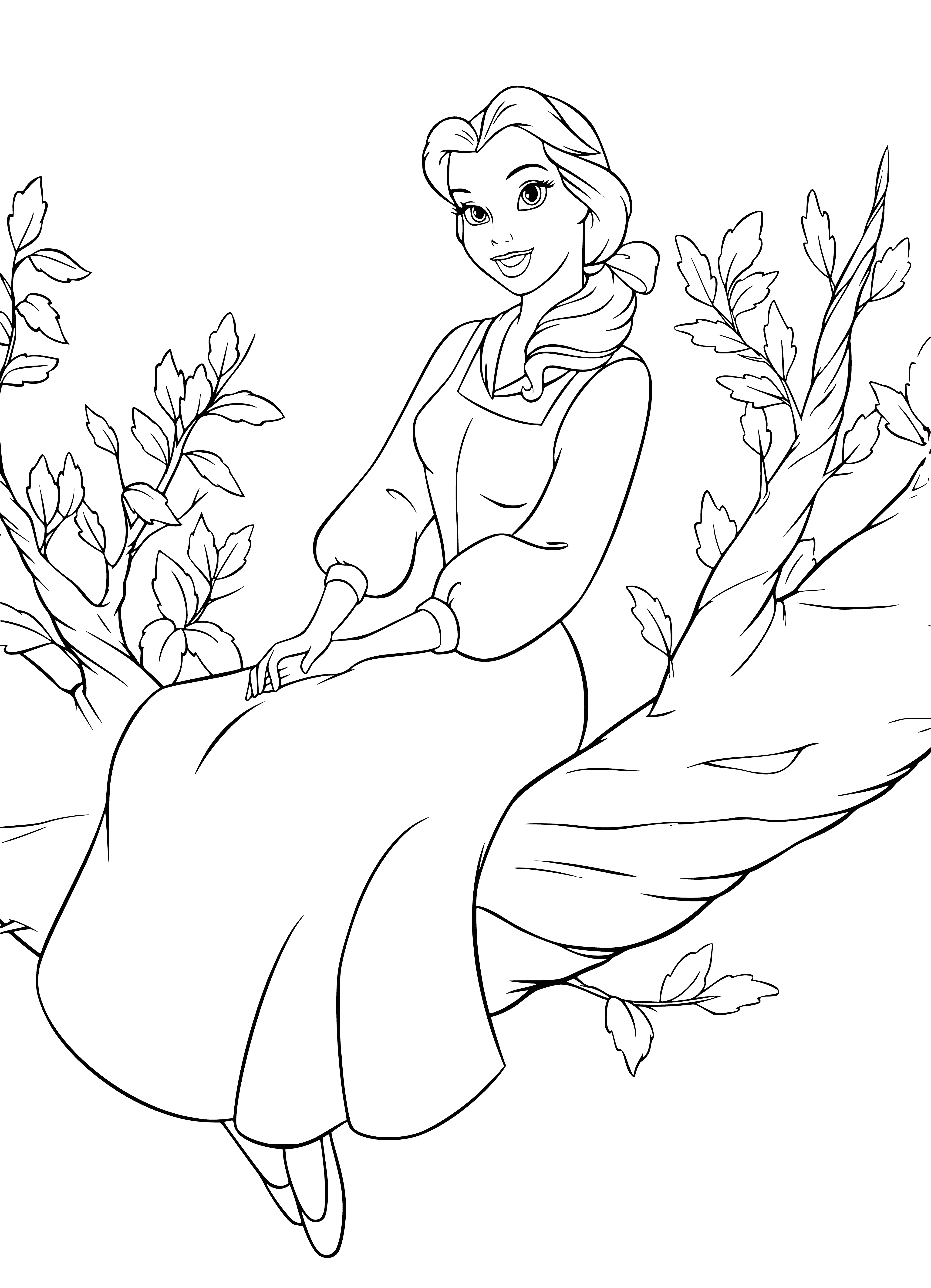 coloring page: Belle reading in the garden wearing a yellow dress, hair in a bun, bird on shoulder. #bemyguest