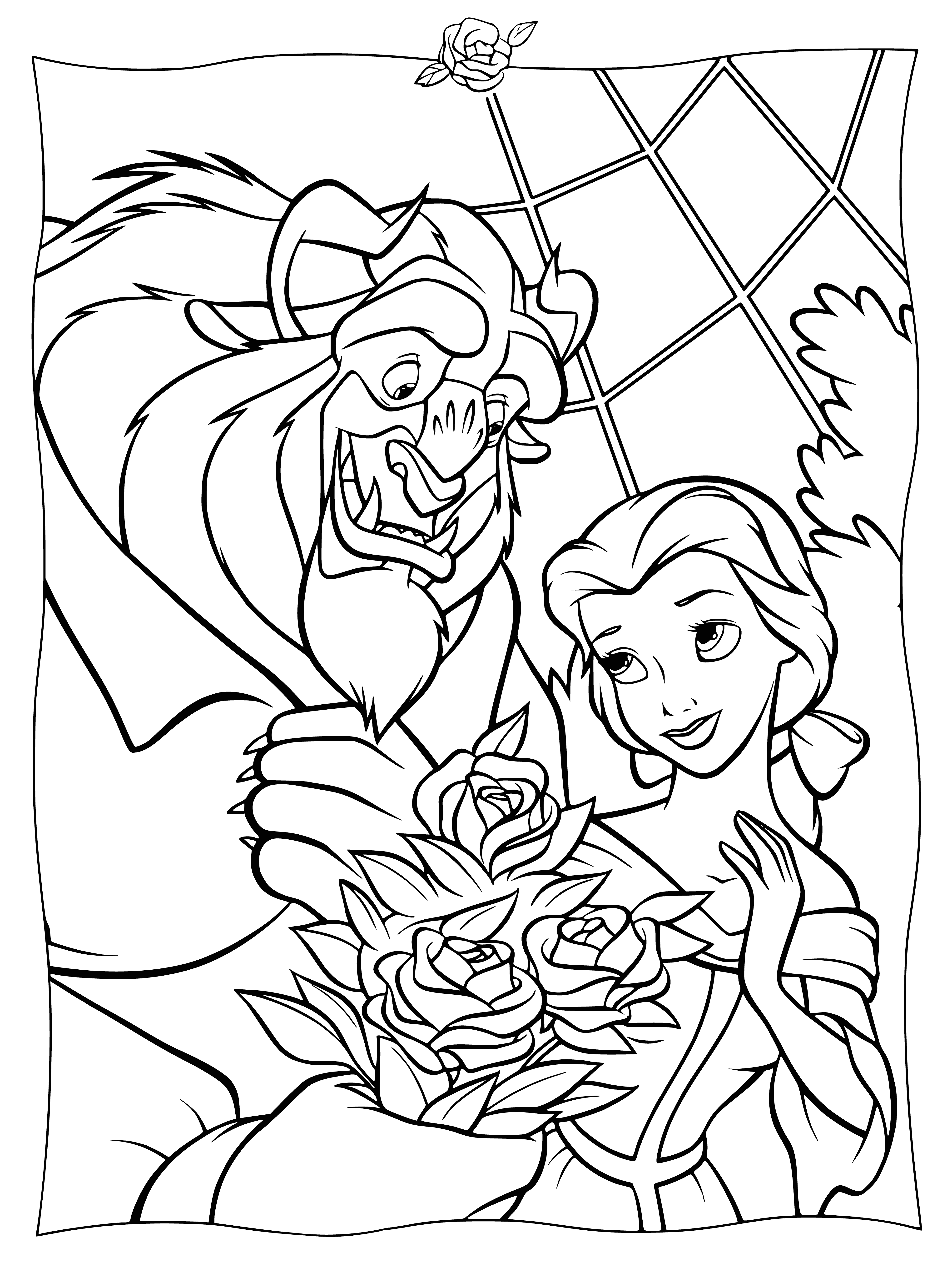 coloring page: The Beast & Belle stand facing each other, ready to fight. Beast is menacing and powerful; Belle is courageous and brave.